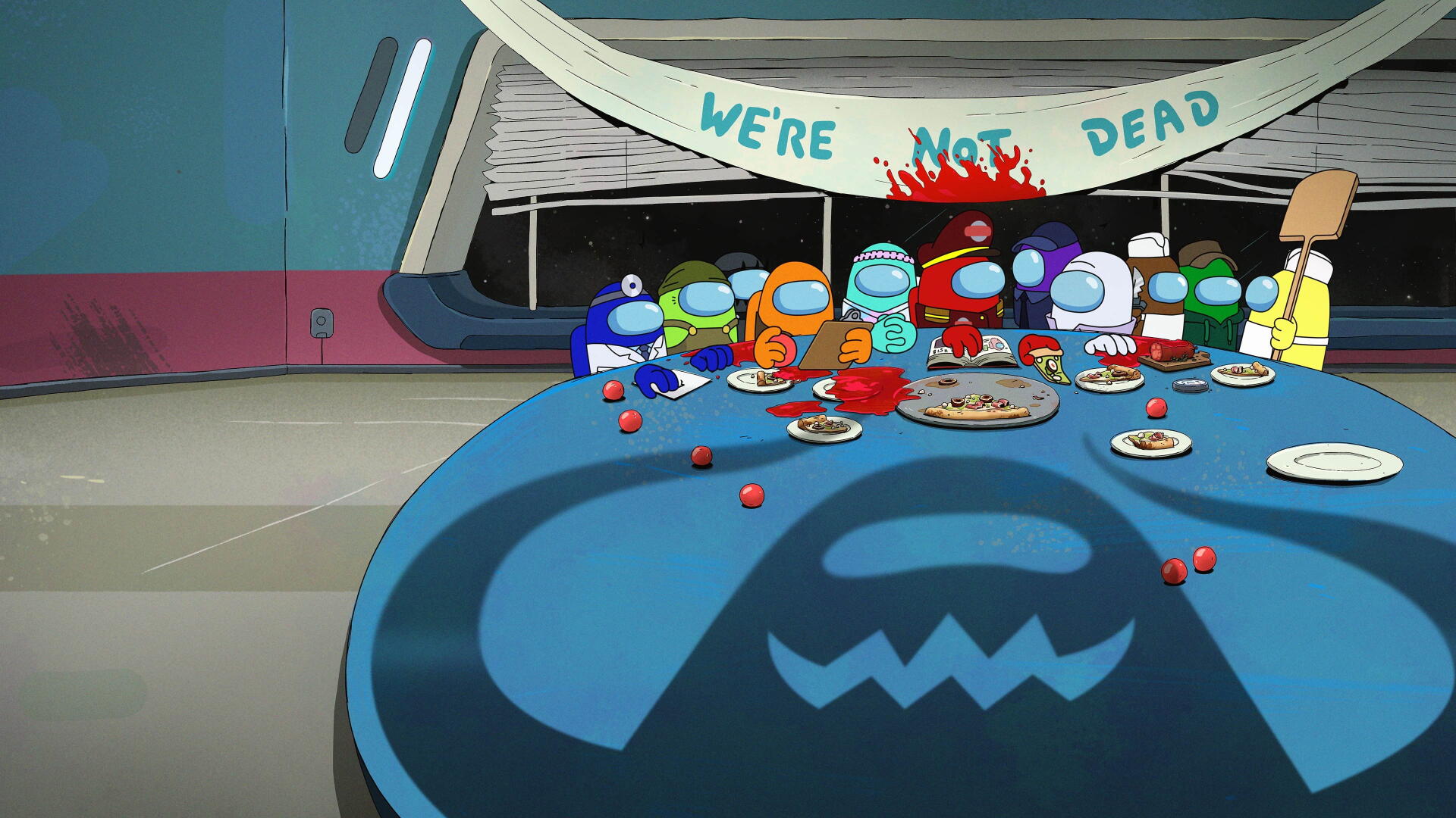 Among Us 4K Ultra HD PC desktop wallpaper/background: colorful crewmates gathered around a dining table in a spaceship under a We're Not Dead banner, plates and scattered food.