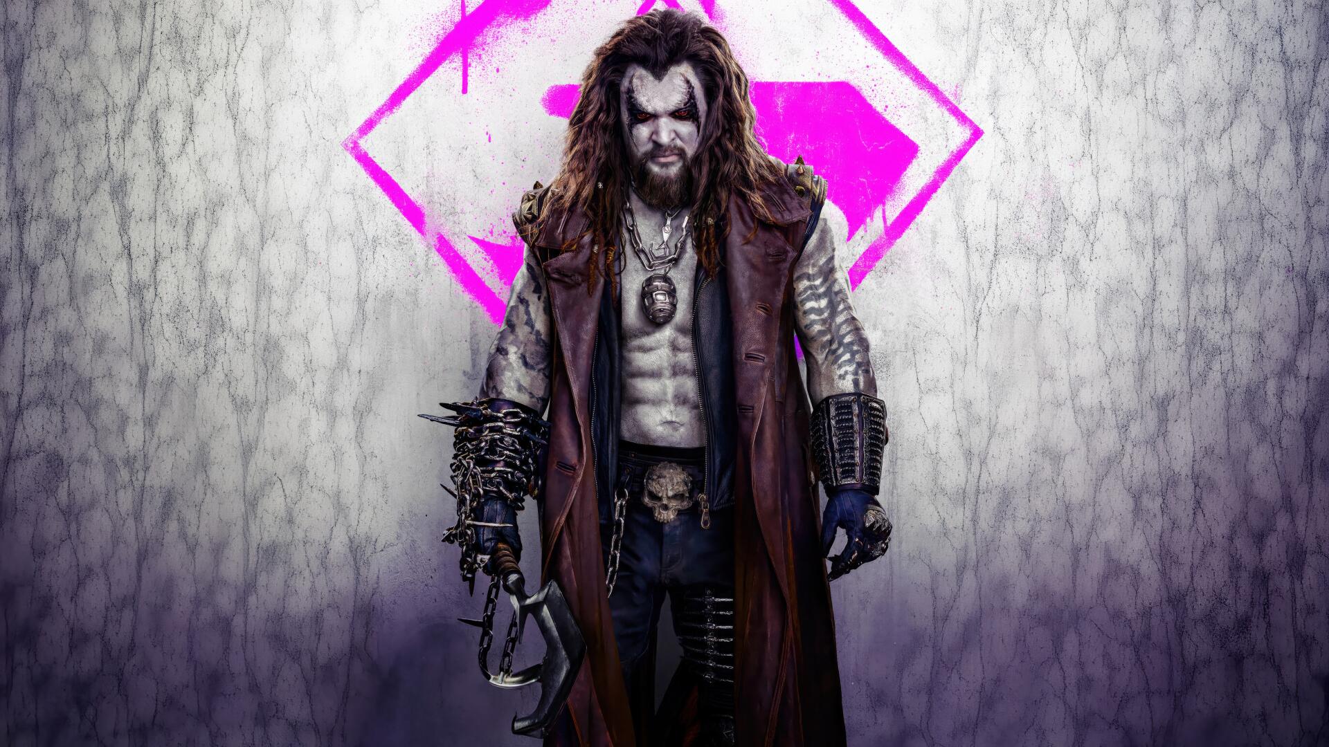 Grim, armored antihero with fur cloak and axe stands before a neon pink Supergirl (2026) emblem — 4K Ultra HD PC desktop wallpaper/background.