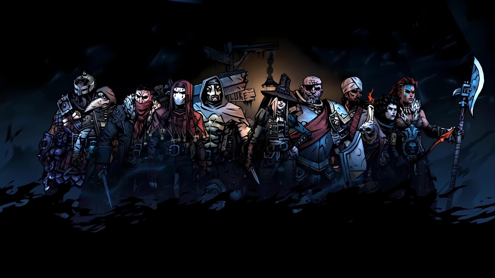 Darkest Dungeon 8K Ultra HD PC Desktop Wallpaper and Background: a row of grim, stylized adventurers and monsters lit by torchlight against a shadowy dungeon interior.