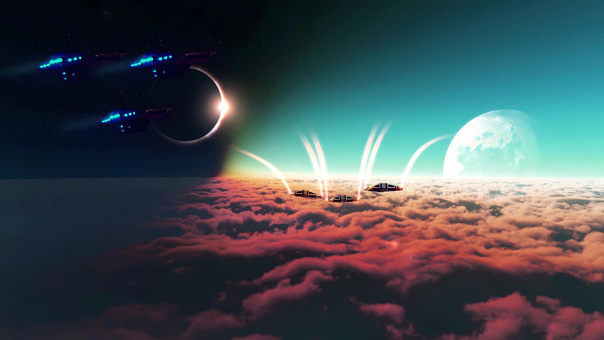 No Man's Sky 8K Ultra HD PC desktop wallpaper: alien sunrise over a pink cloud sea, distant moon and crescent planet, and starships streaking across a teal sky.