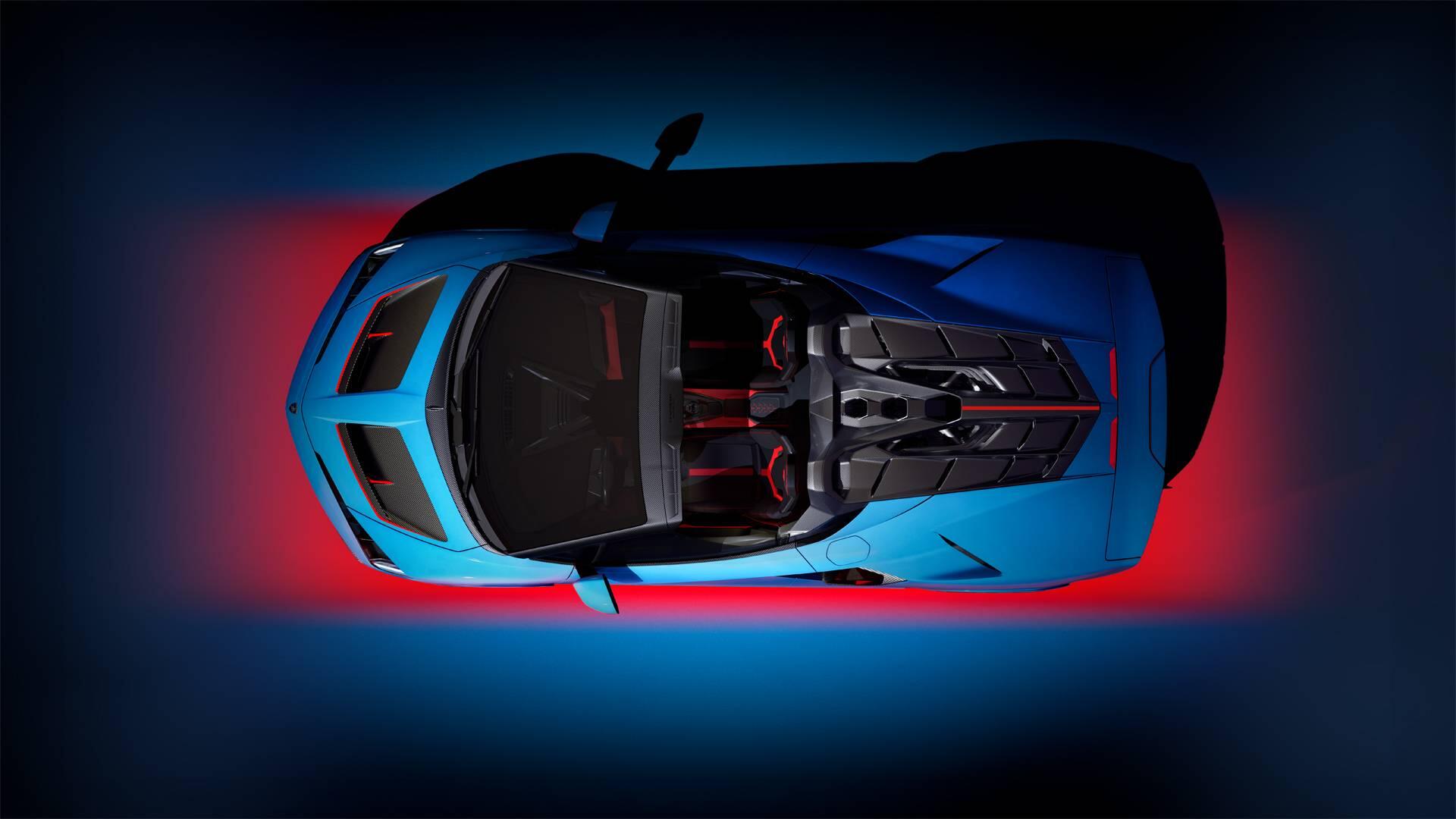 Top-down view of a blue Lamborghini Fenomeno sports car with red-accent interior and dramatic red-and-blue lighting, HD PC desktop wallpaper/background.