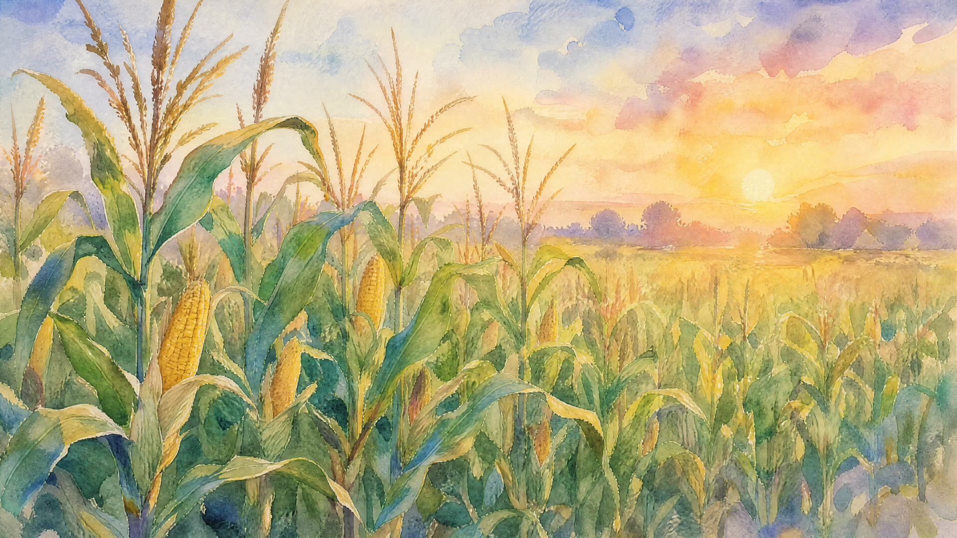 Watercolor-style 4K Ultra HD PC desktop wallpaper of a sunlit corn field at sunrise, green stalks and golden ears stretching into a soft pastel sky.