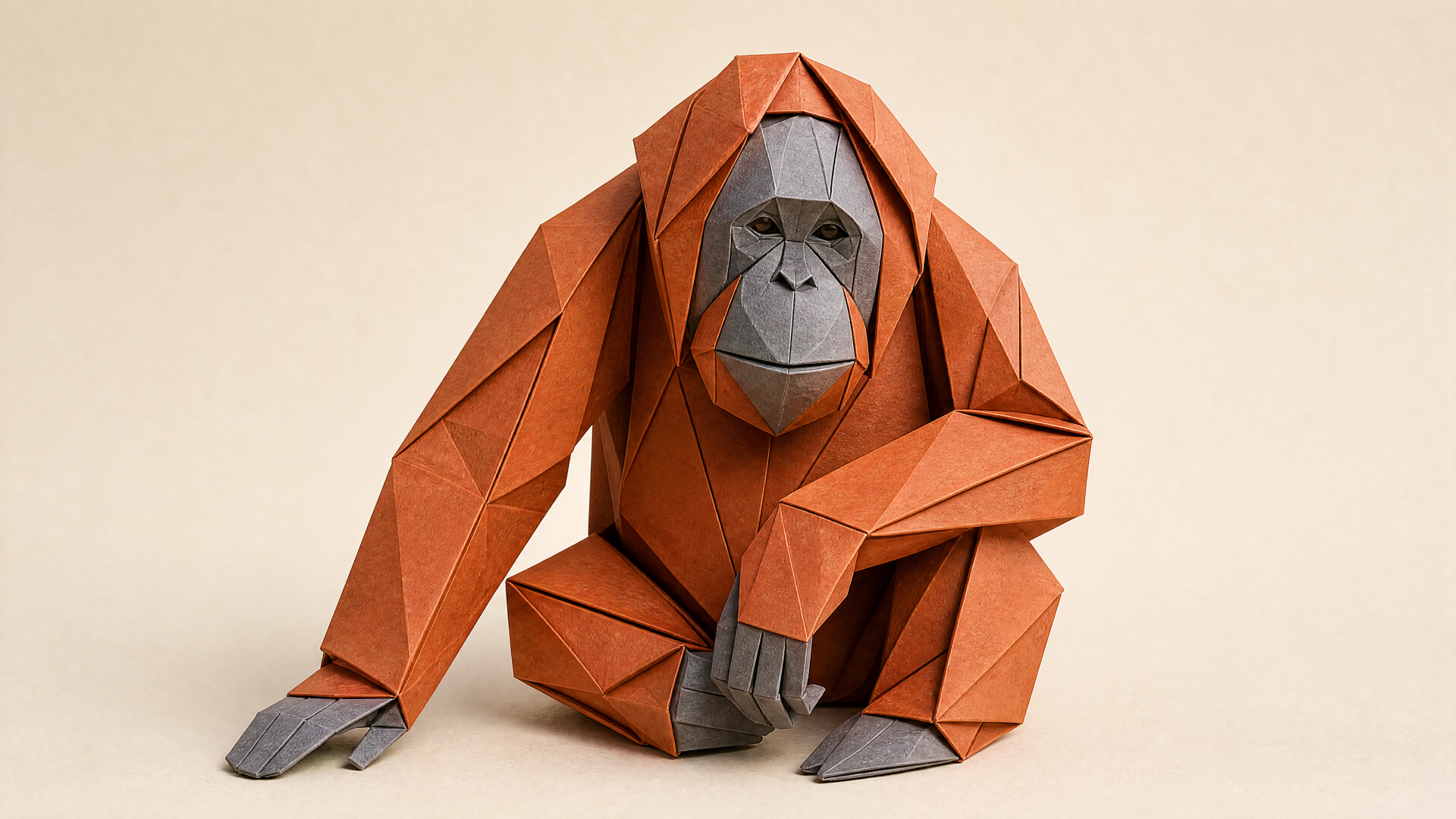 Origami-style orangutan sculpture in warm tones, presented as a 4K Ultra HD PC desktop wallpaper and background.