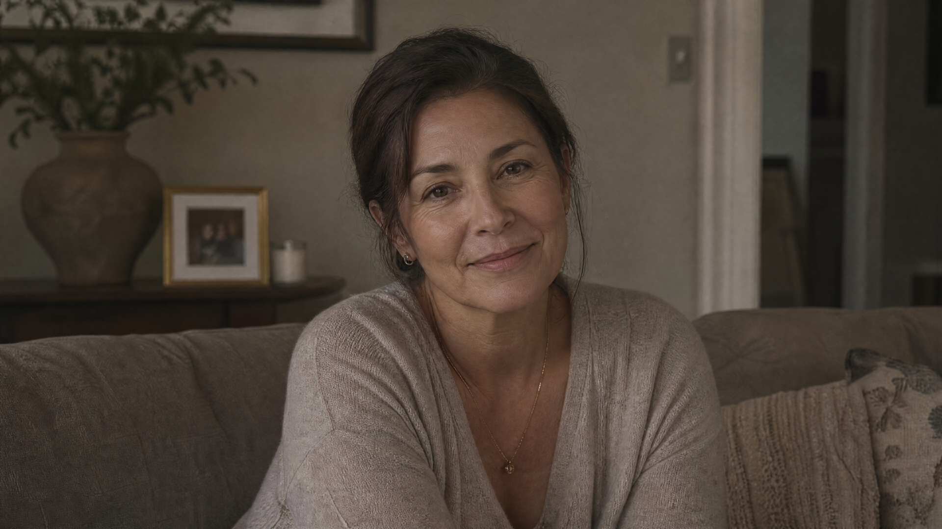 4K Ultra HD PC desktop wallpaper: warm portrait of a smiling mom seated on a couch in a softly lit, cozy living room background.