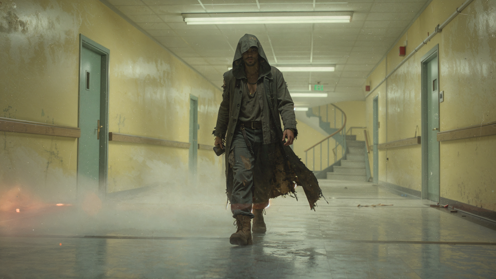 Vagabond in a tattered hooded coat walks down a fog-filled hospital corridor — moody 4K Ultra HD PC desktop wallpaper and background.