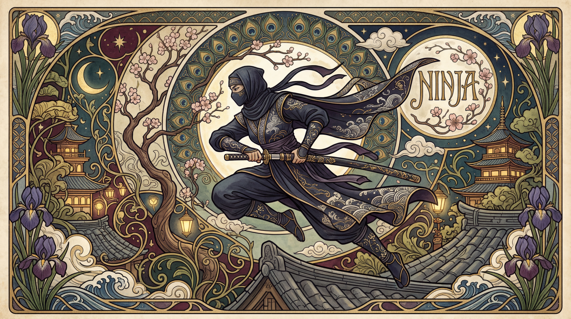 5K Ultra HD PC desktop wallpaper/background: ornate, stylized ninja leaping over rooftops amid lanterns, swirls, and moonlit Japanese motifs.