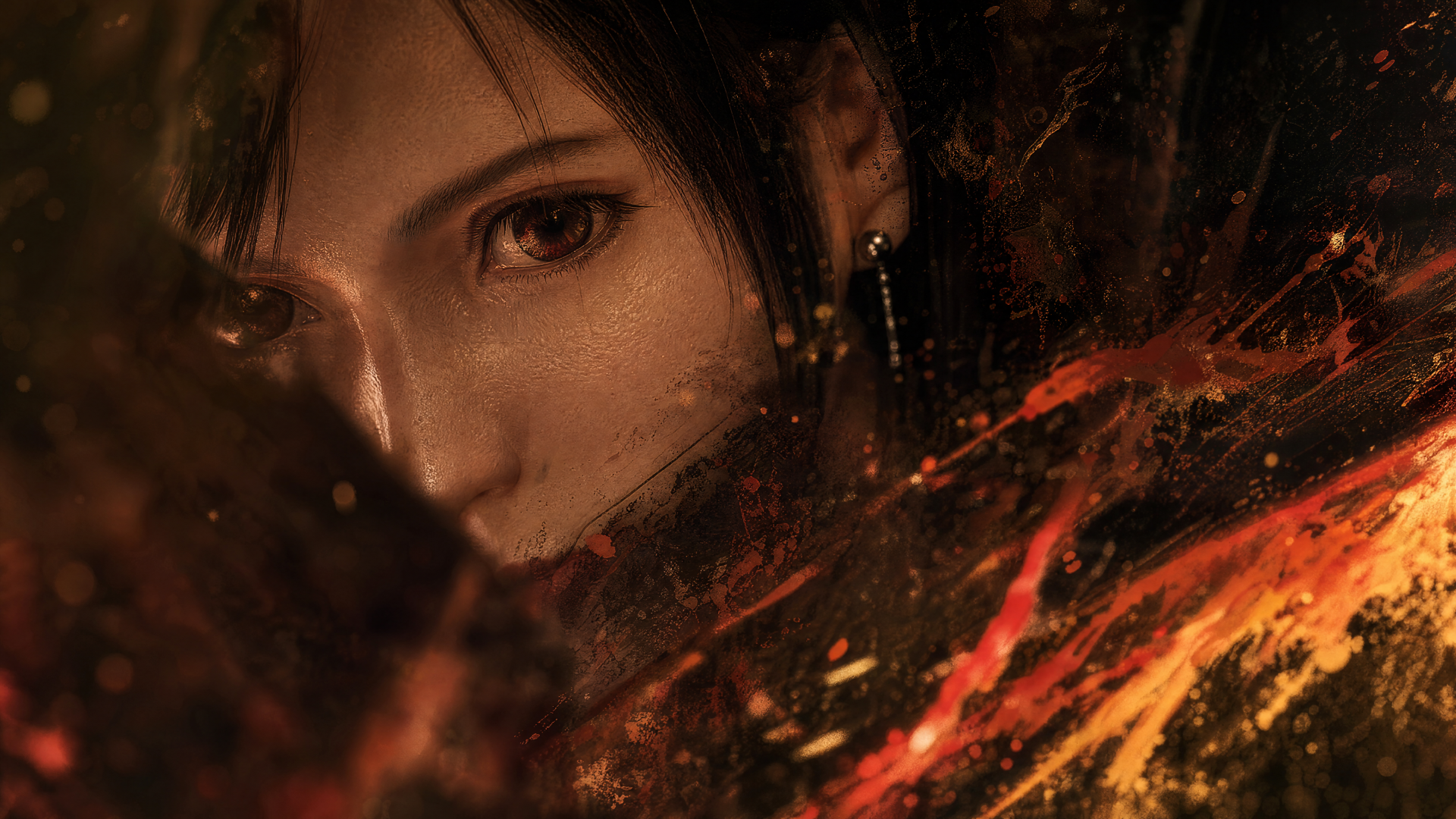 Close-up of Tifa Lockhart amid embers and shadow, intense gaze; 4K Ultra HD PC desktop wallpaper and background with warm orange sparks.