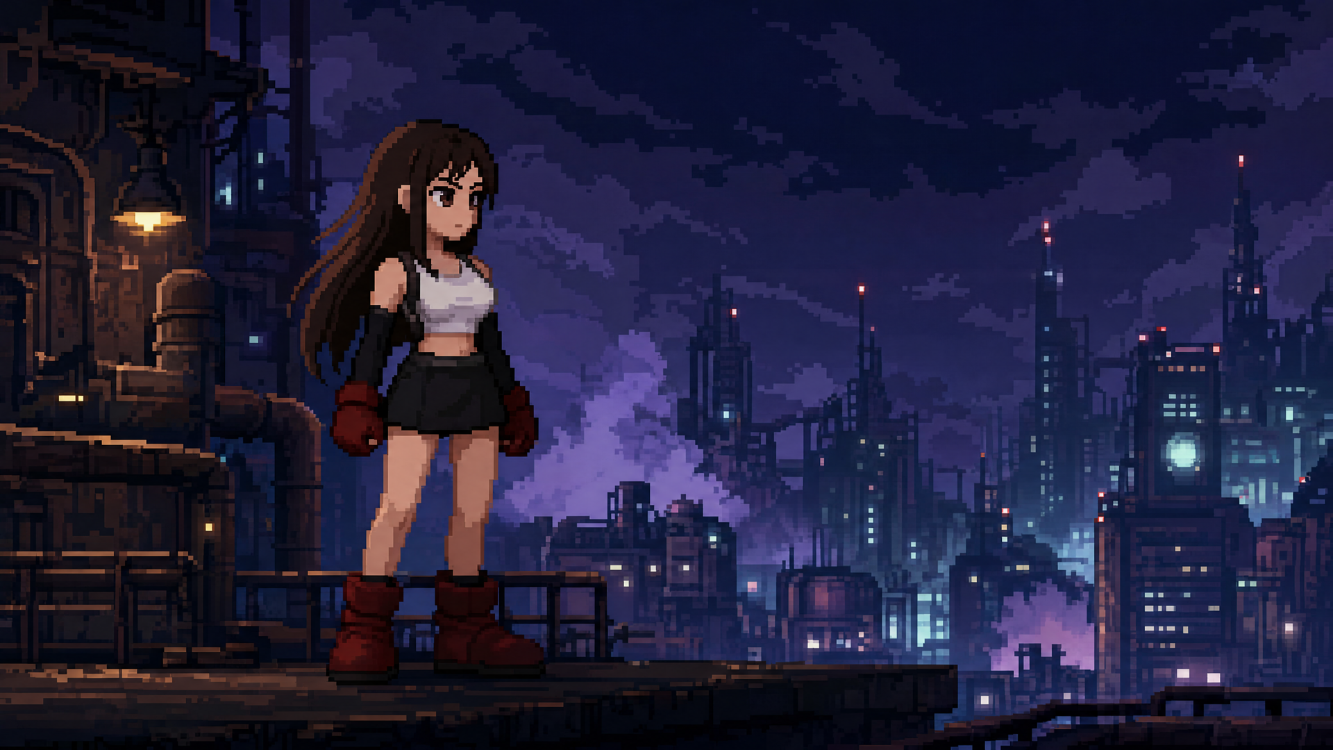 Tifa Lockhart in pixel-art 4K Ultra HD PC desktop wallpaper and background, standing on a rooftop at night overlooking a neon-lit futuristic city skyline.