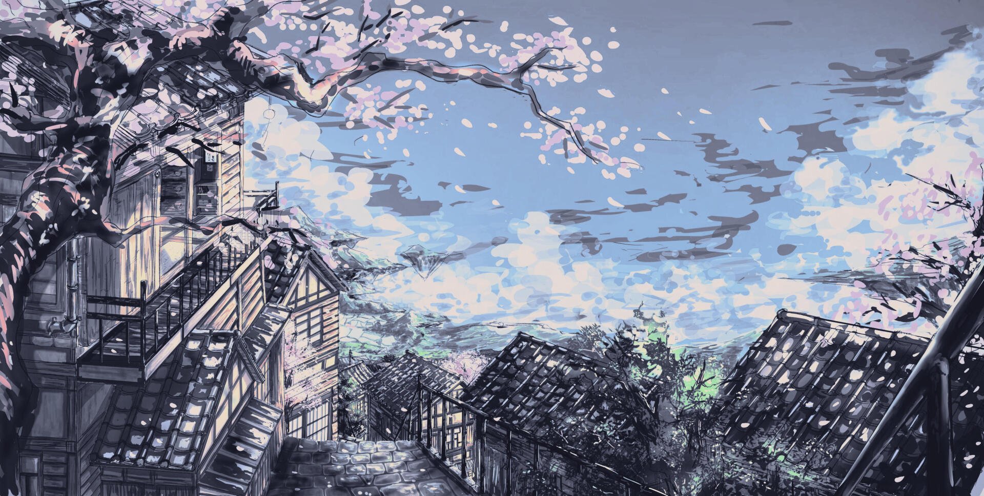 Digital Art, digital painting, illustration, artwork landscape — 2K Quad HD PC desktop wallpaper showing a pastel sky, drifting cherry blossoms, wooden houses and a winding village path.