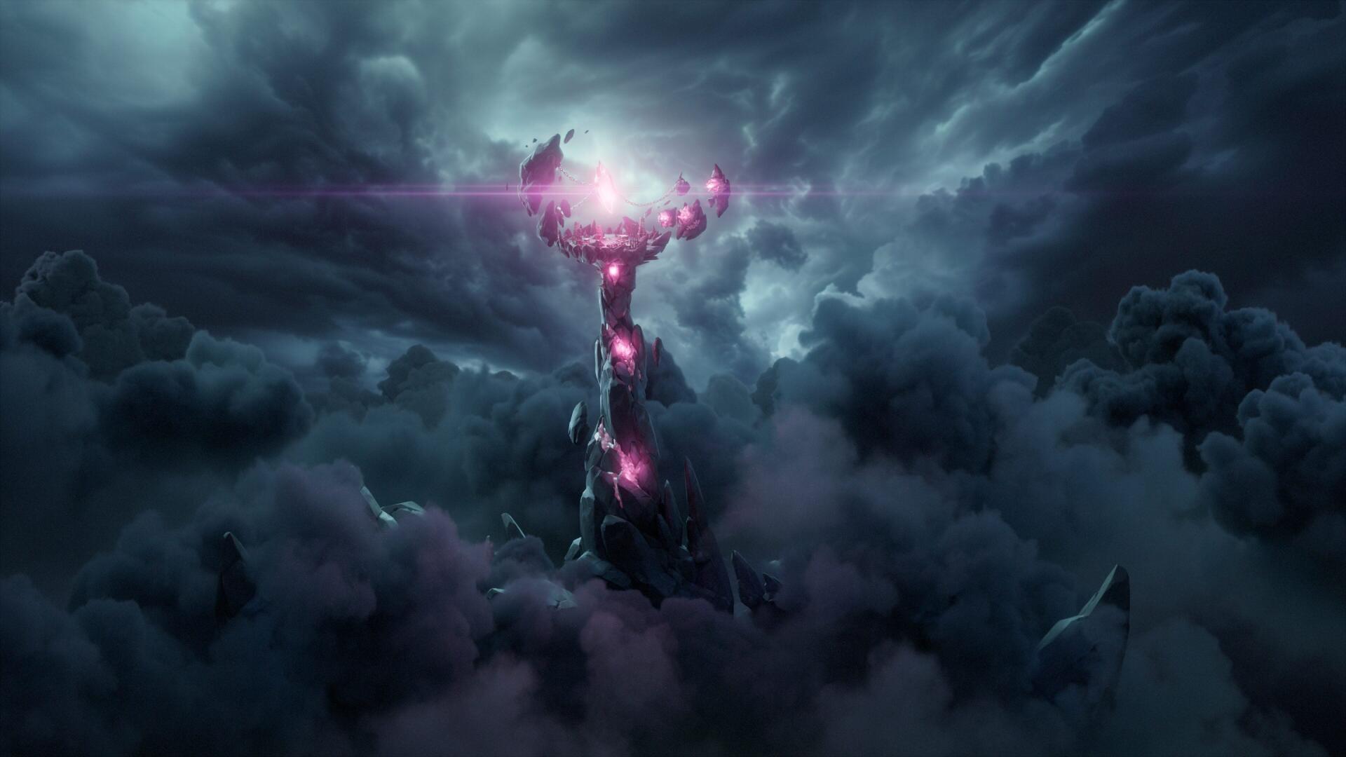 Dark storm clouds part around a jagged tower crackling with purple-pink energy, a glowing spire rising above the mist — Spyro: A Realm Beyond 4K Ultra HD PC desktop wallpaper.