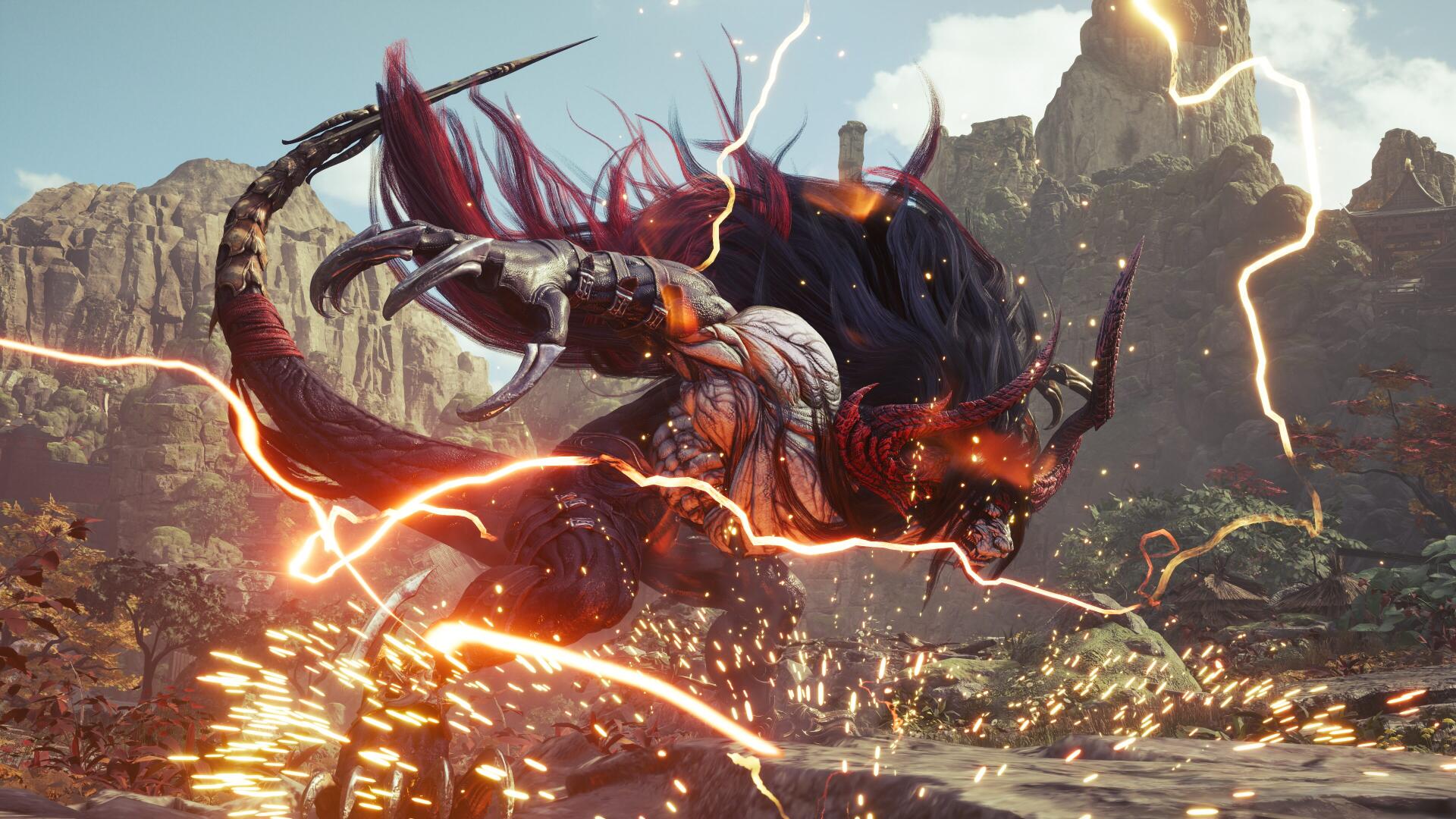 4K Ultra HD PC desktop wallpaper of a horned, flaming beast lunging through lightning in a rocky valley — a video game scene from Final Fantasy VII Revelation.