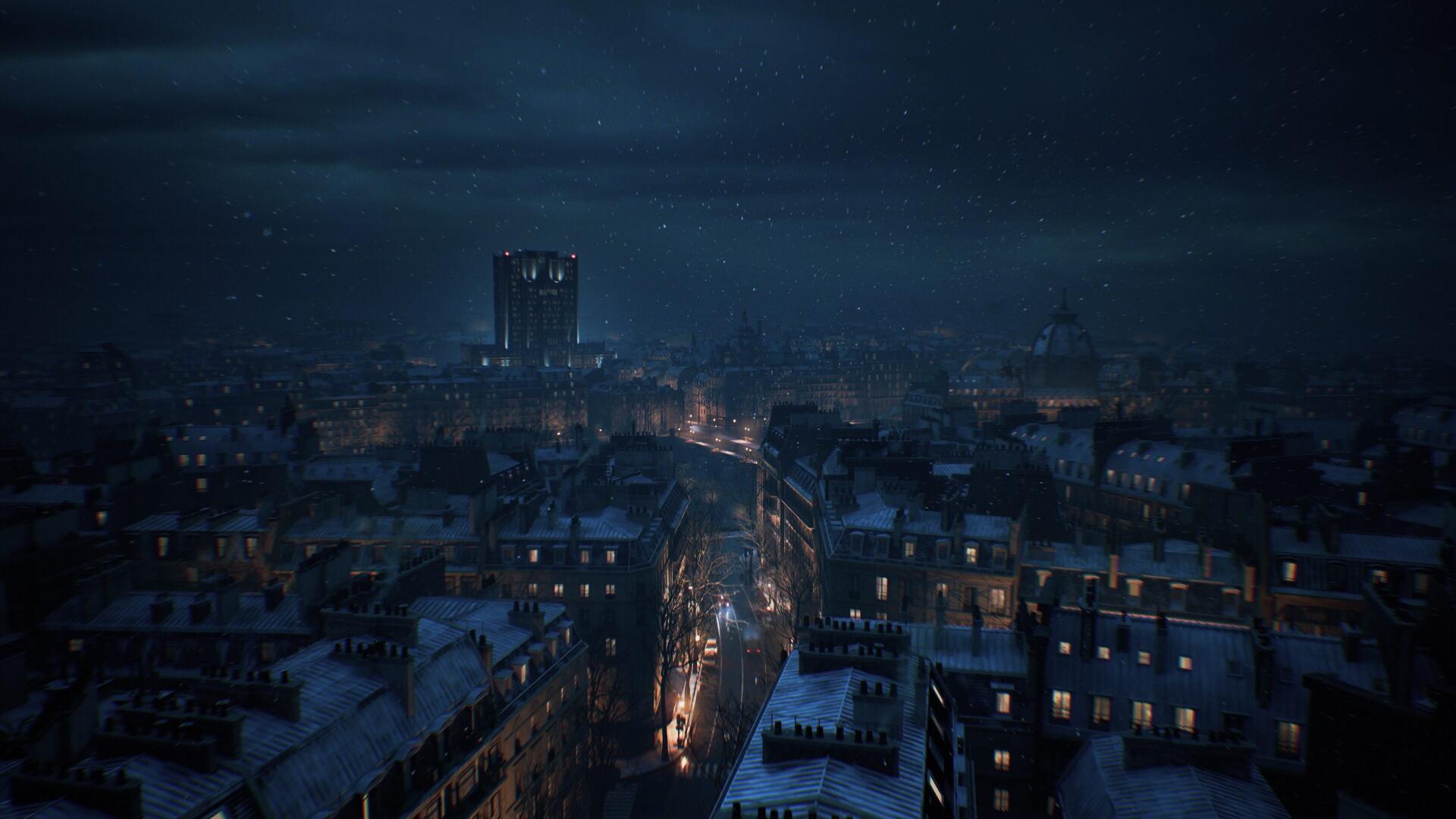 Resident Evil Veronica 4K Ultra HD PC desktop wallpaper — snowy, moonlit gothic cityscape with glowing streets and an ominous tower under a stormy night sky.