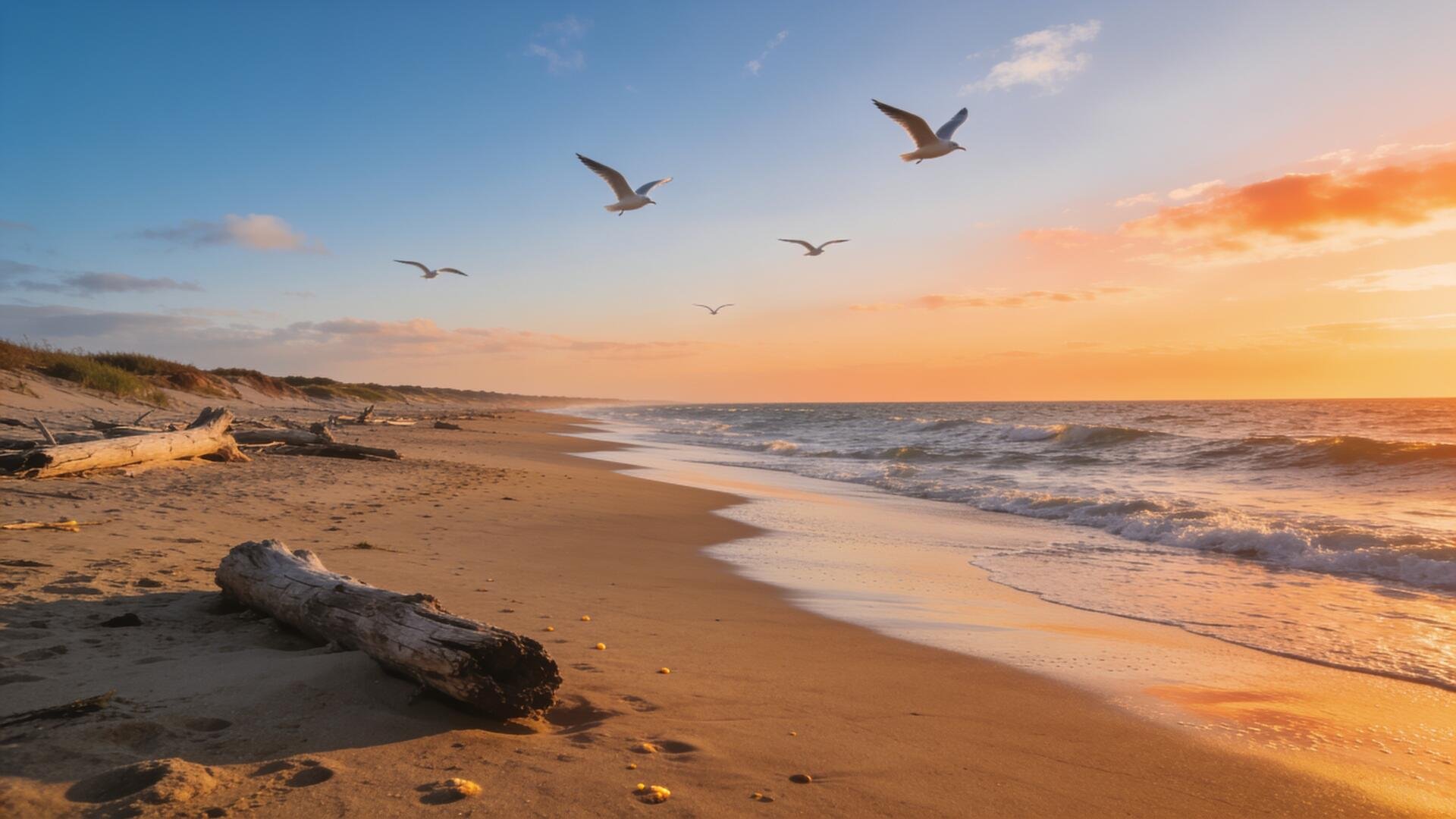 Coast at golden sunset with seagulls soaring above waves and driftwood on sand, coastal aesthetic 4K Ultra HD PC desktop wallpaper background.