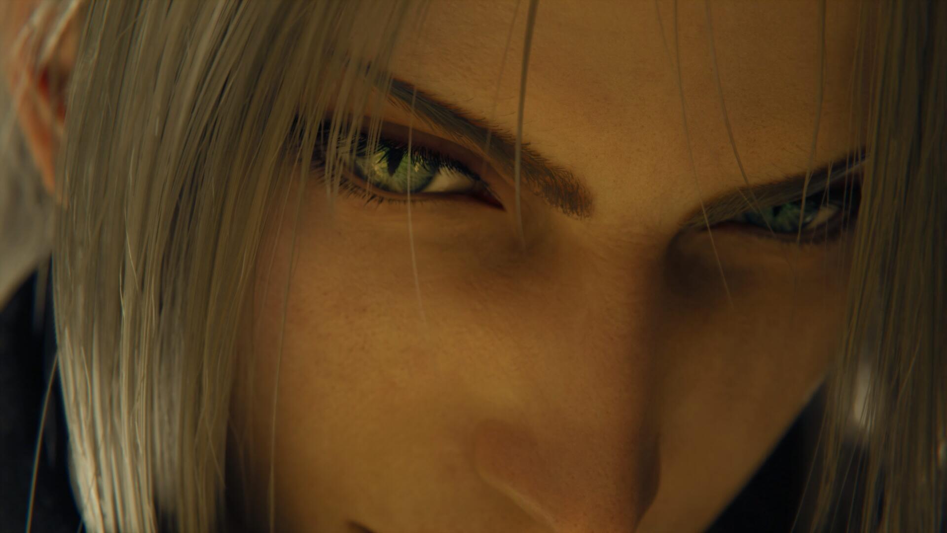 Close-up of Sephiroth's piercing green eyes and silver hair from Final Fantasy VII Revelation, video game 4K Ultra HD PC desktop wallpaper/background.