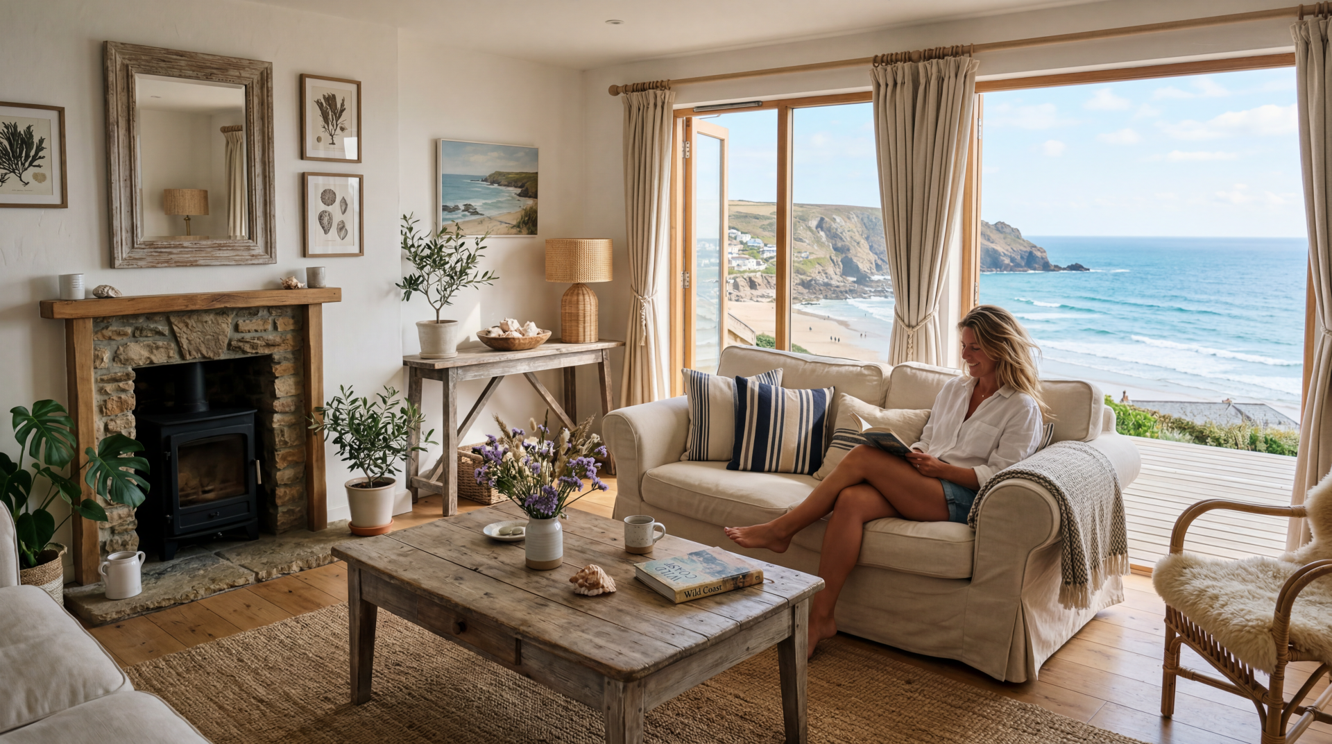 Sunlit coastal aesthetic living room with a person reading on a sofa, rustic coffee table, fireplace and panoramic windows framing a sandy beach — 5K Ultra HD PC Desktop Wallpaper and Background.