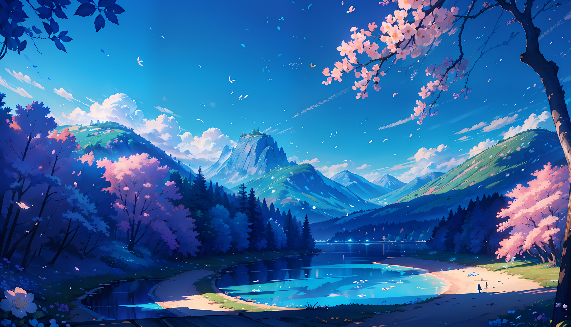 4K Ultra HD PC desktop wallpaper and background: vibrant landscape—mountain lake framed by pine and cherry blossoms beneath a brilliant blue sky.
