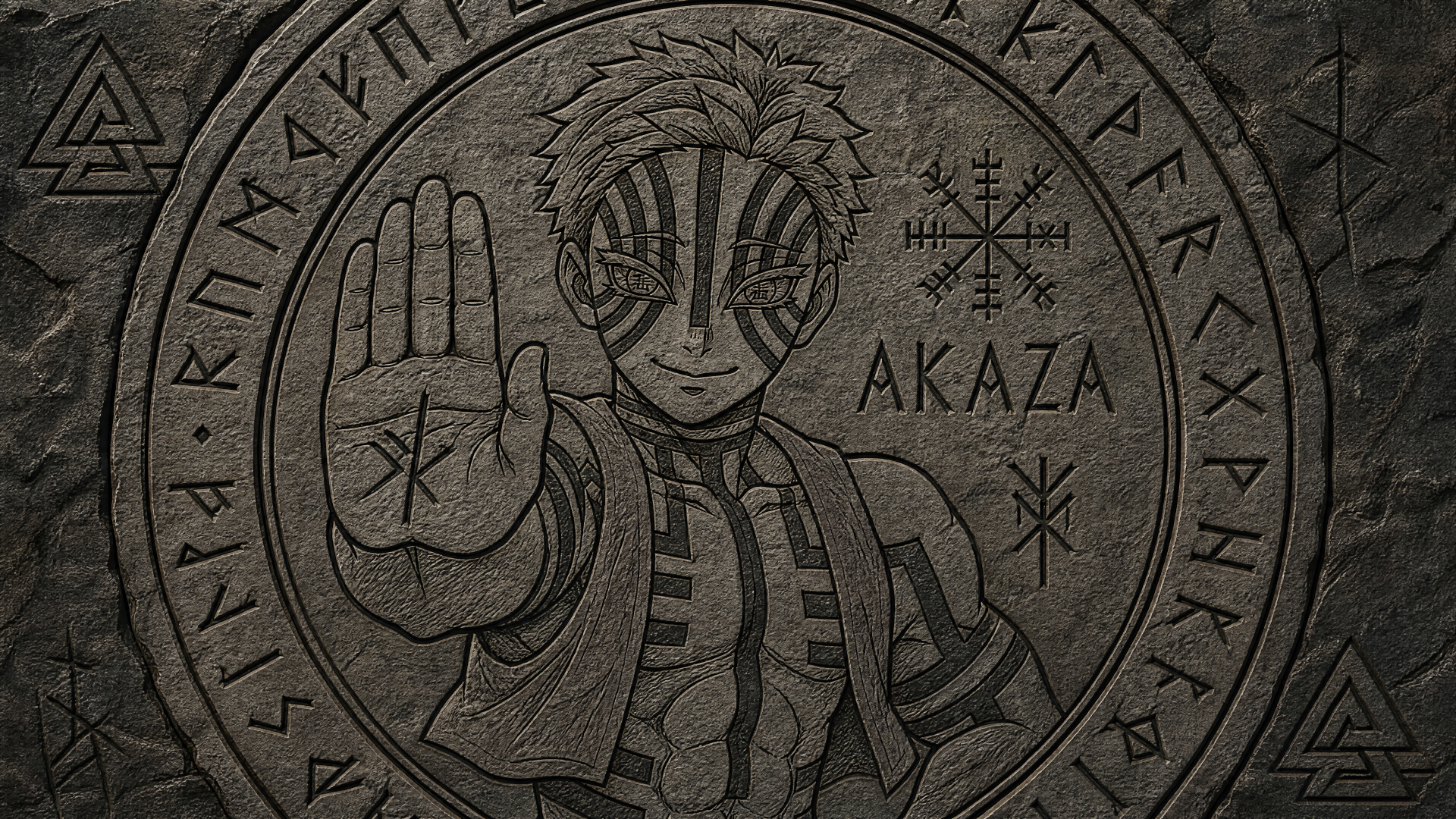 4K Ultra HD PC desktop wallpaper background: stone-carved circular relief of Akaza (Demon Slayer: Kimetsu no Yaiba), raised hand, facial stripes, engraved name and surrounding runes.