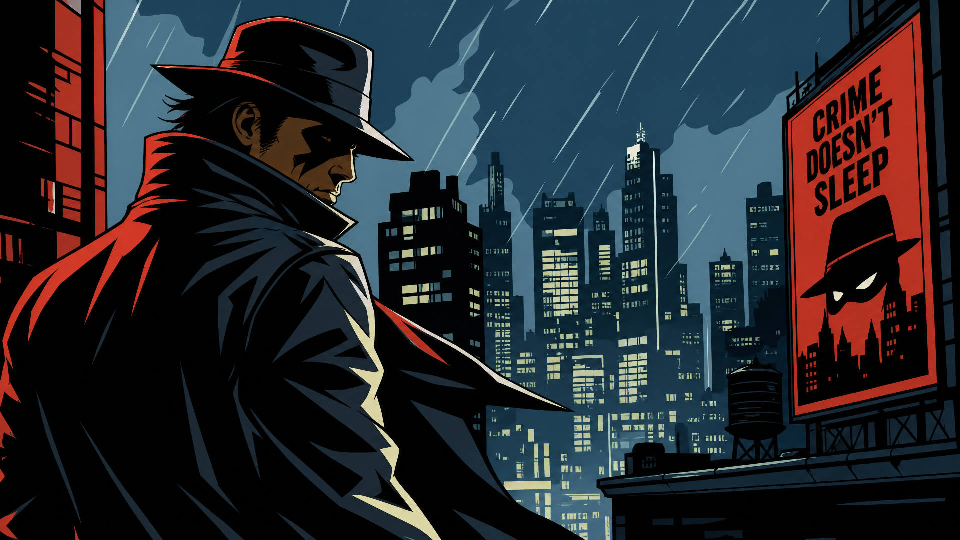 4K Ultra HD PC desktop wallpaper and background: noir detective in trench coat and fedora watches a rainy, neon-lit city skyline at night, billboard declaring Crime Doesn't Sleep.