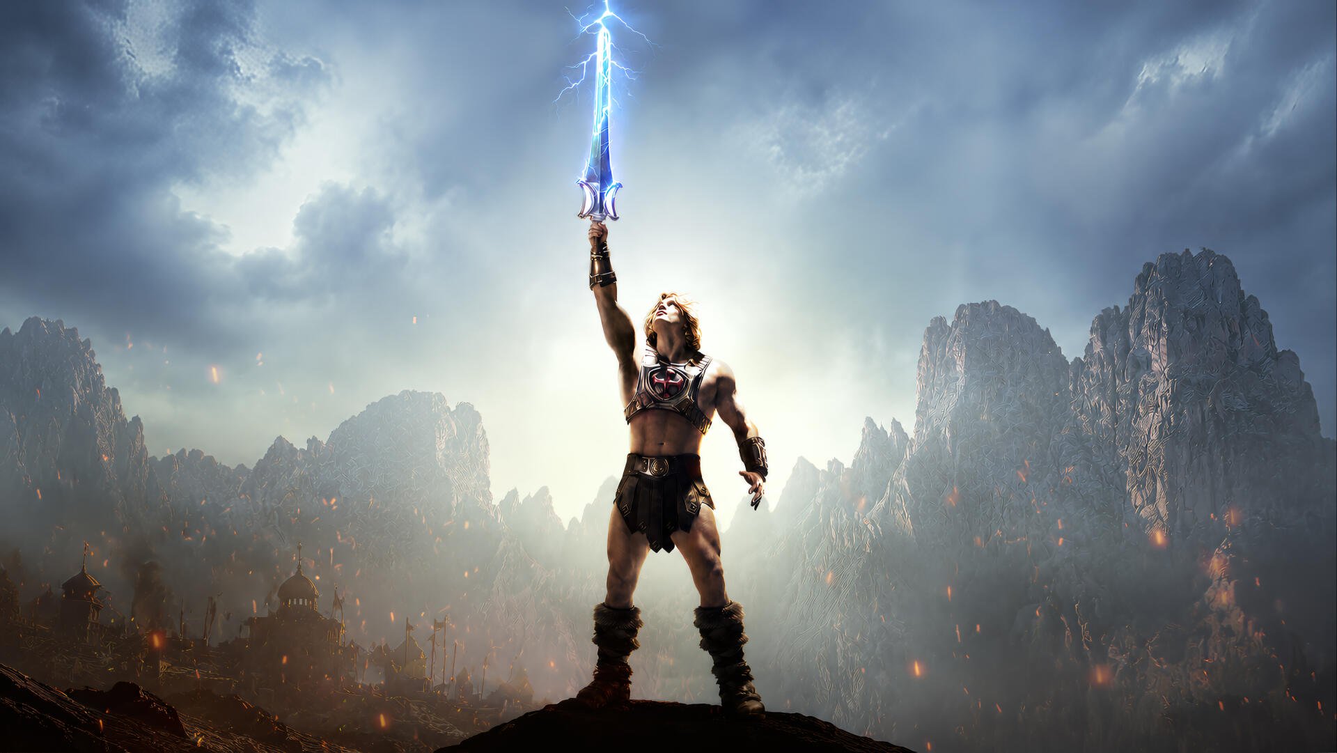 Armored hero raises a lightning-charged sword to a stormy sky atop a rocky peak — Masters of the Universe (2026) movie 4K Ultra HD PC desktop wallpaper/background.