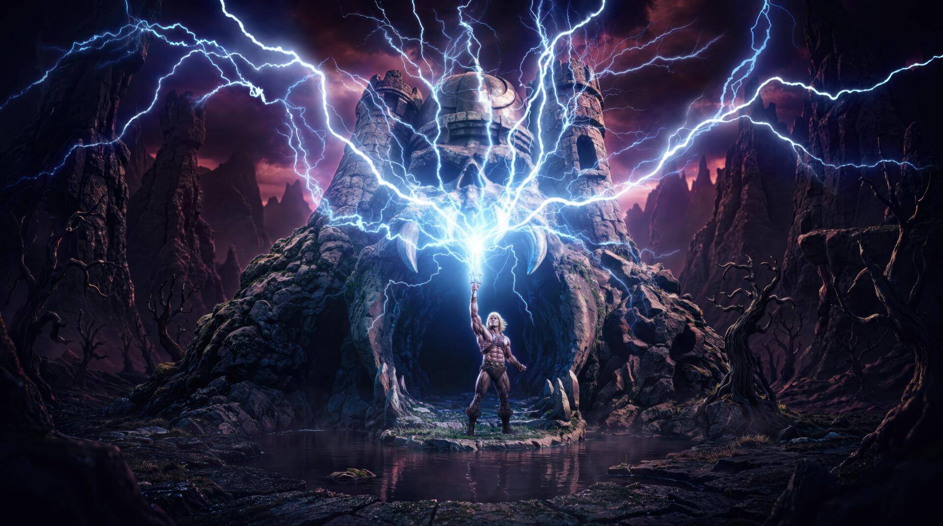 He-Man raises his sword as lightning erupts from Castle Grayskull, Masters of the Universe 2K Quad HD PC desktop wallpaper.