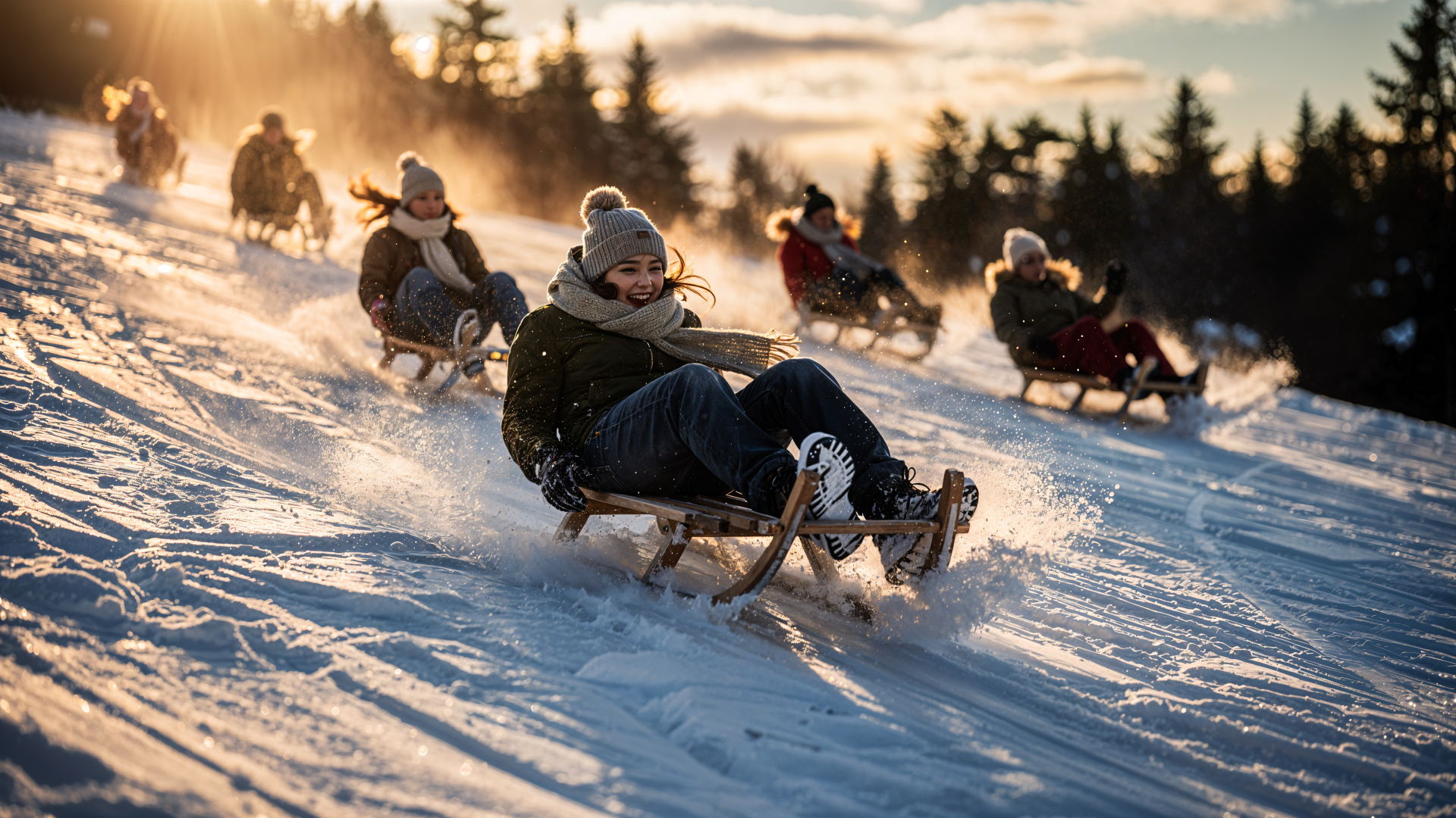 Group sledding down a sunlit snowy hill, riders laughing as snow sprays; vibrant winter scene rendered as a 4K Ultra HD PC desktop wallpaper and background.