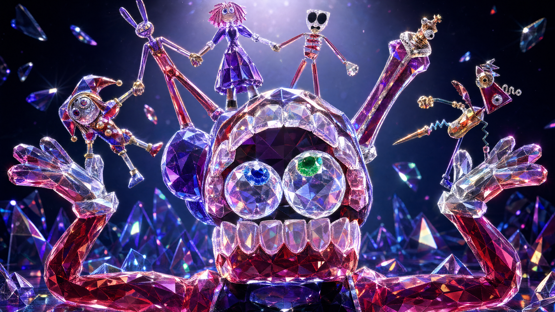 The Amazing Digital Circus 4K Ultra HD PC desktop wallpaper: crystalline clown skull with jewel eyes and gemlike puppet characters perched on its fingers against a neon starry background.
