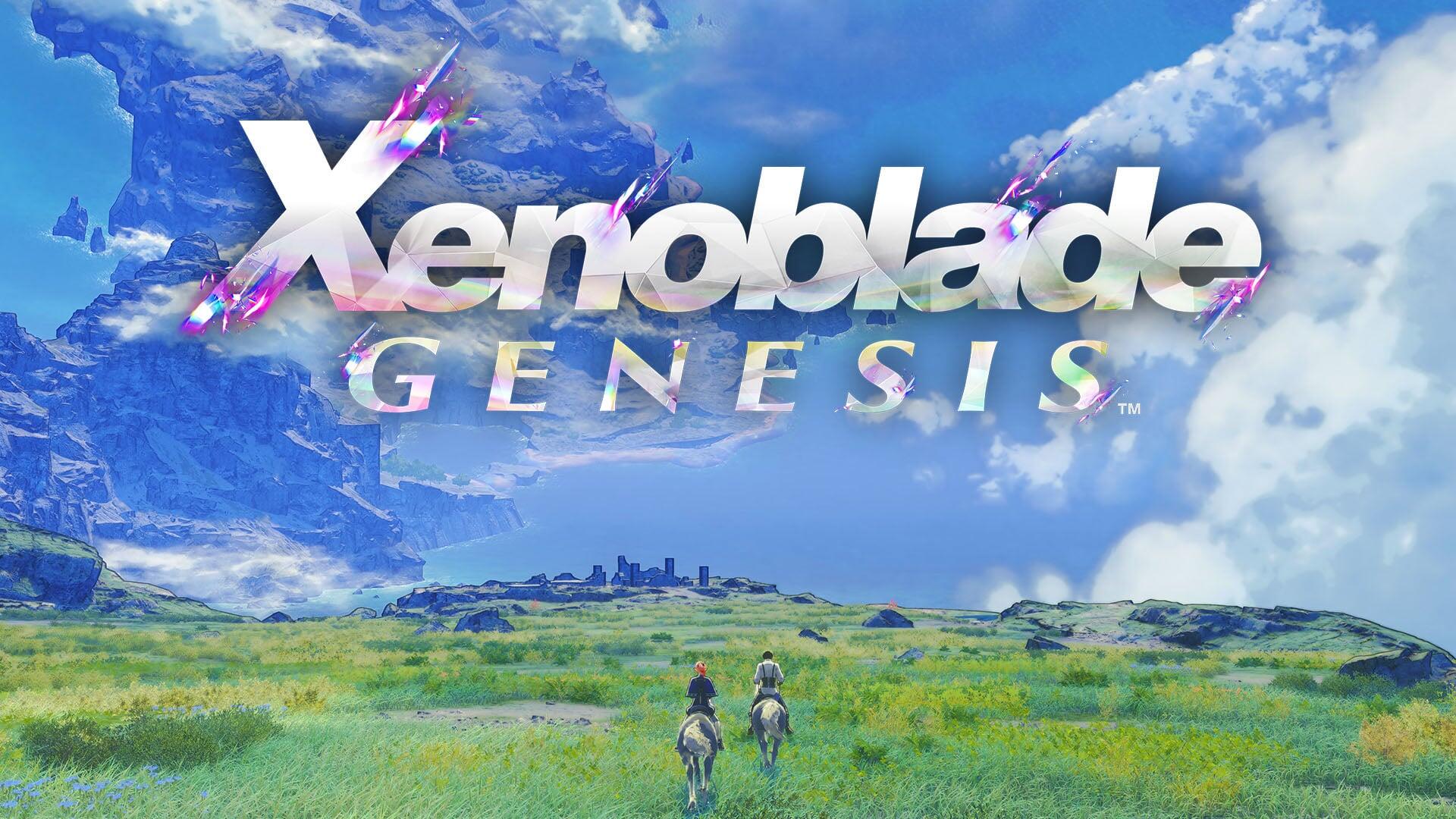 HD PC desktop wallpaper for video game Xenoblade Genesis: two characters walk across sunlit grassy plains toward a distant city beneath a vast blue sky and the game's metallic logo.