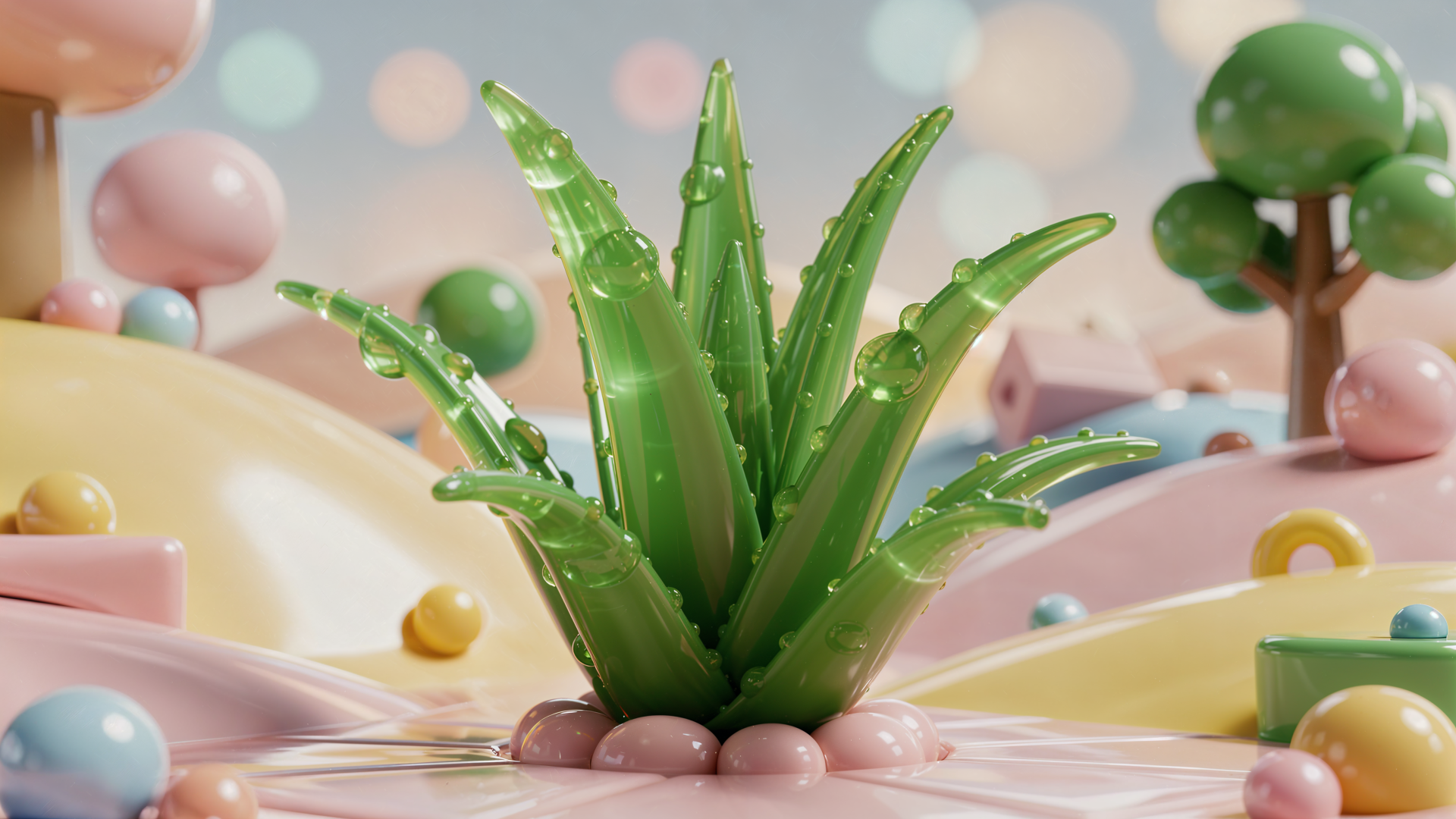Glossy aloe vera plant with water droplets against pastel bokeh hills, rendered as a 4K Ultra HD PC desktop wallpaper and background.
