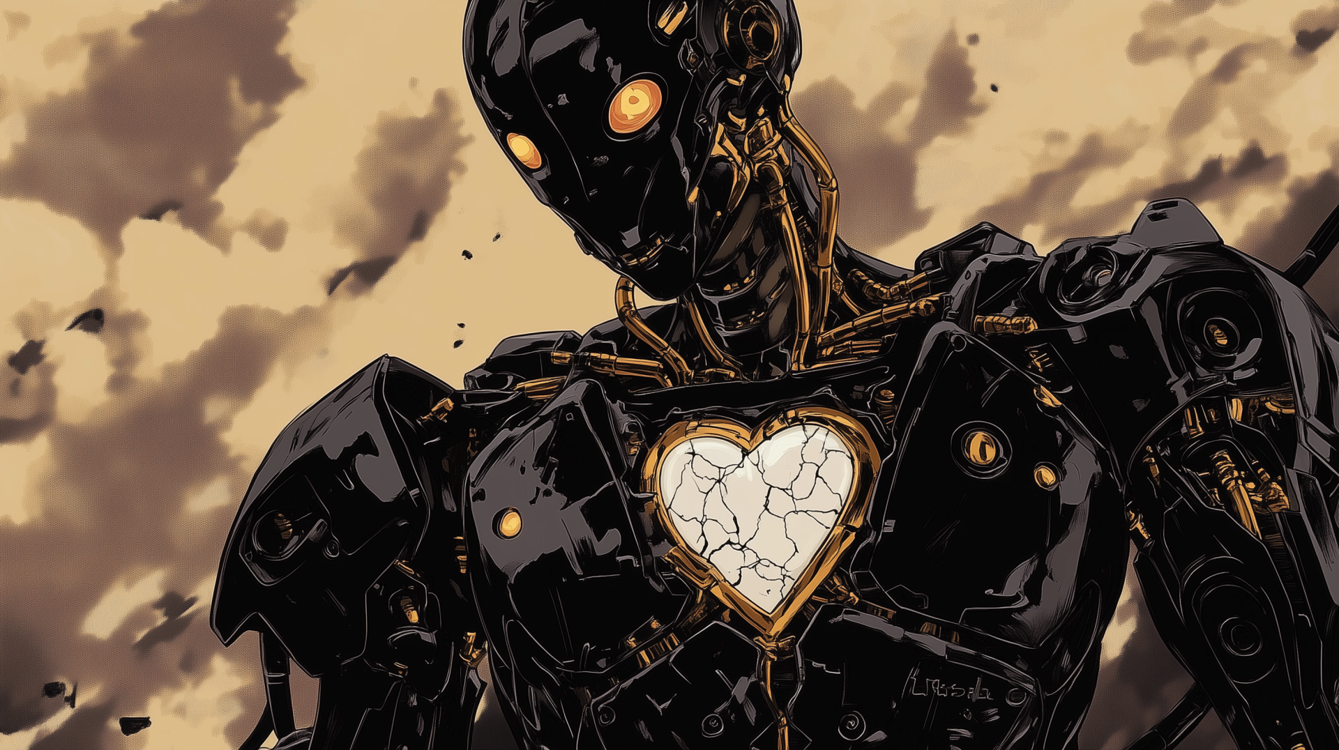 2K Quad HD PC desktop wallpaper: sci-fi black humanoid robot with glowing orange eyes and a cracked, illuminated heart cavity against a stormy sky background.
