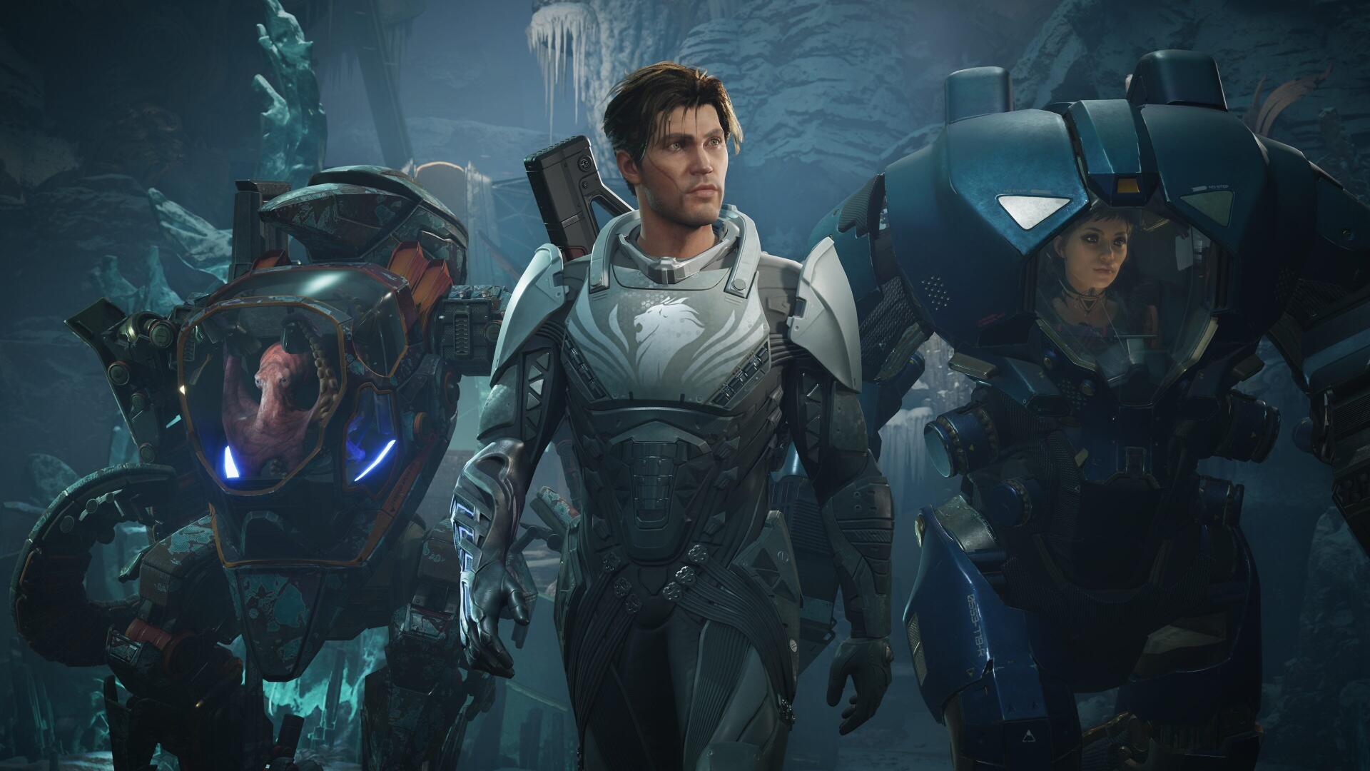 Exodus (2027) video game 4K Ultra HD PC wallpaper: three armored figures — a central soldier flanked by two heavy exo-suits in a blue, icy, bioluminescent cavern.