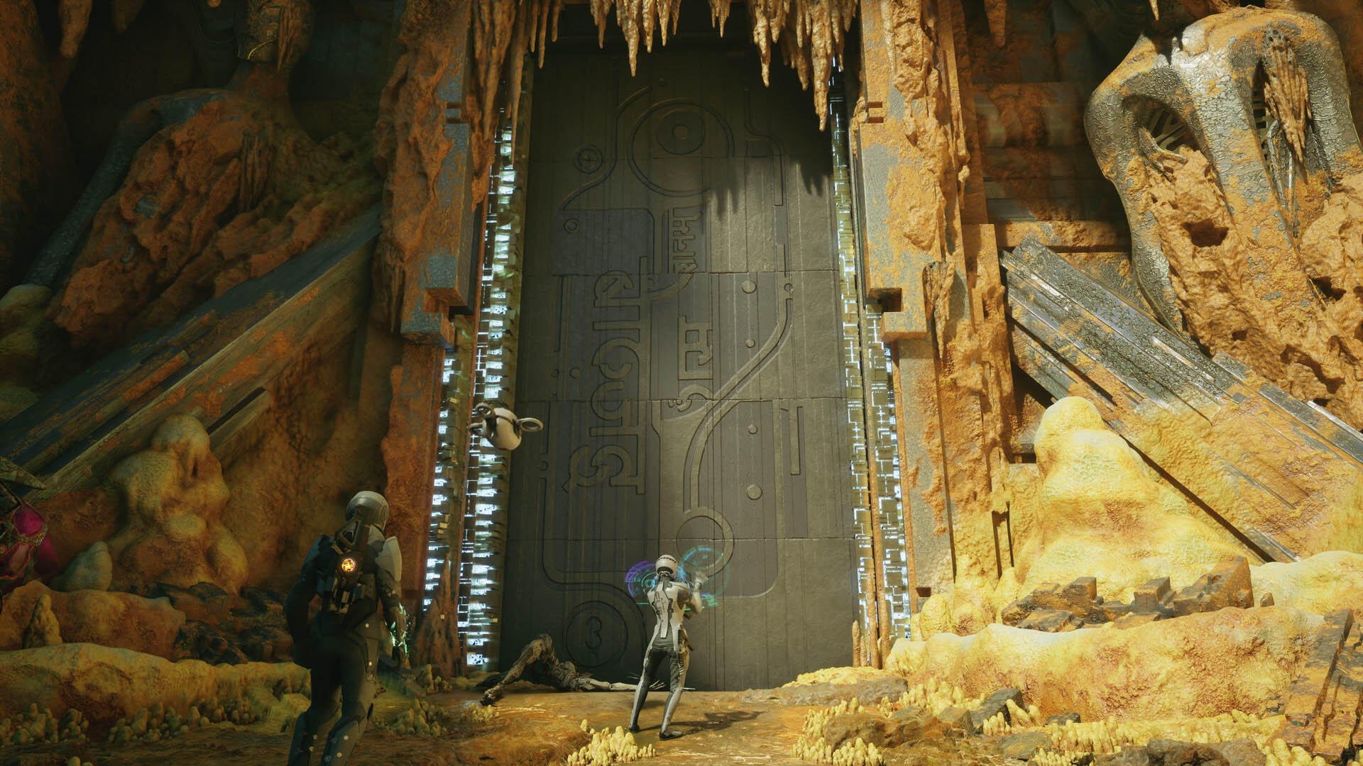 HD PC desktop wallpaper for video game Exodus (2027 Video Game): two armored explorers face a colossal sci‑fi door inside a glowing crystal-filled cavern.