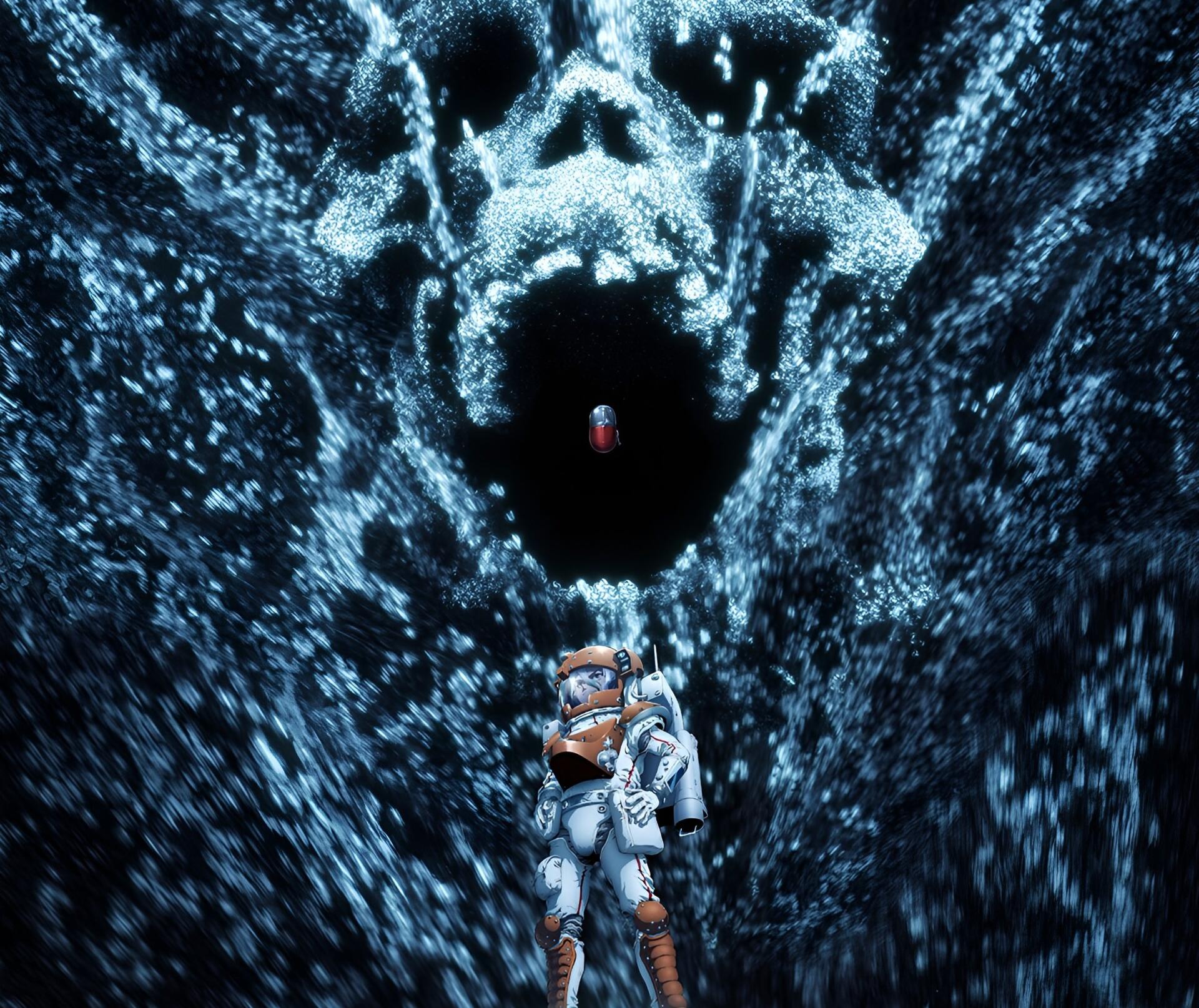 Anime HD PC desktop wallpaper/background: Dr. Stone's Senku Ishigami in a white suit stands in a glowing rocky cavern beneath a swirling black void with a single red capsule.
