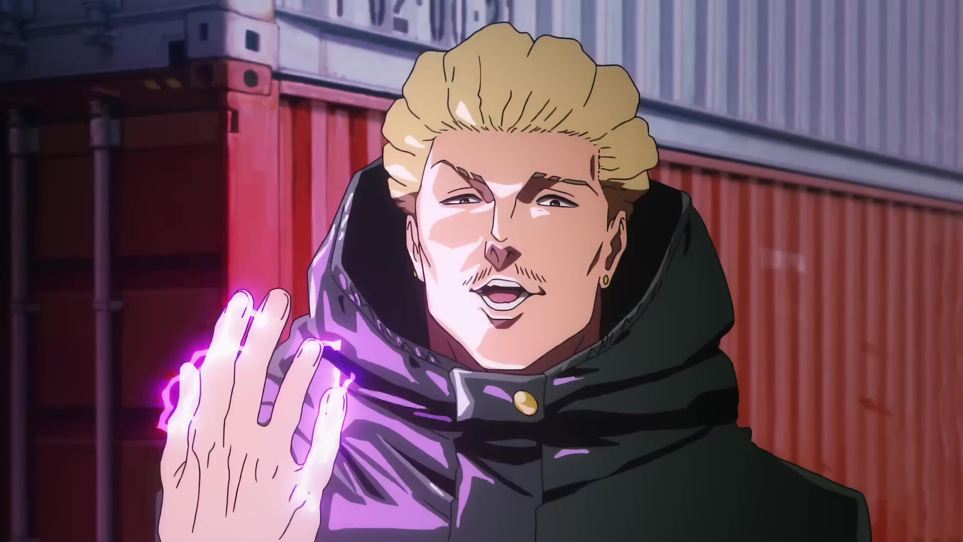 Kinji Hakari (Jujutsu Kaisen) smirks, palm glowing purple, wearing a hooded coat before stacked shipping containers — 4K Ultra HD PC desktop wallpaper and background.