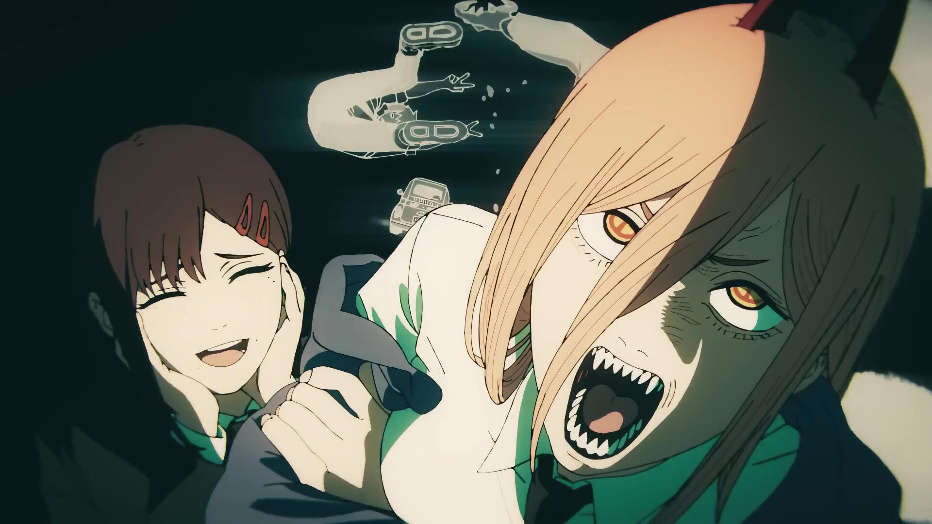 Anime Chainsaw Man wallpaper: Power (Chainsaw Man) snarling with fanged mouth and horn in foreground, Kobeni Higashiyama laughing behind — 4K Ultra HD PC desktop background.