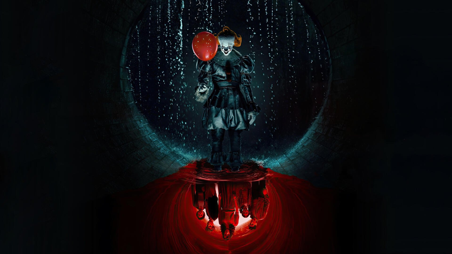 4K Ultra HD PC desktop wallpaper and background — It: Welcome to Derry: menacing clown holding red balloons in a dripping sewer arch, mirrored by a glowing red inverted reflection below.