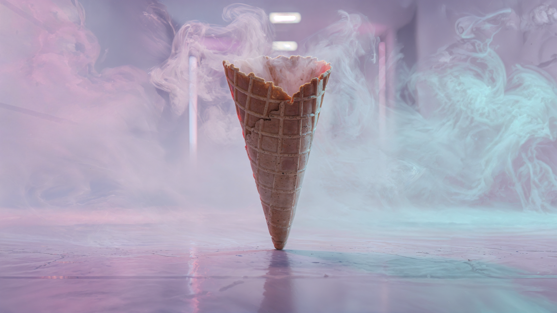 4K Ultra HD PC desktop wallpaper of a single waffle cone balanced on its tip, surrounded by pastel pink and blue smoke and soft reflections on a glossy floor.