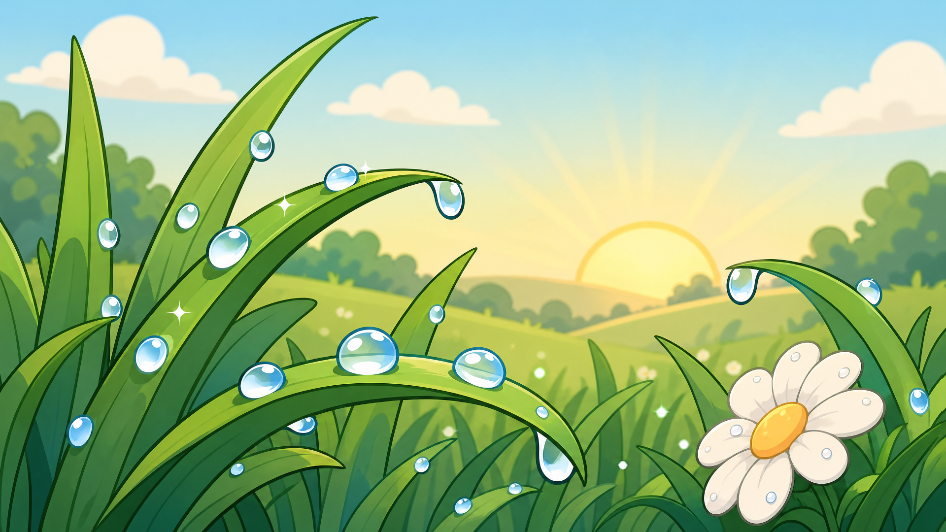 Cartoon sunrise over dew-covered grass and a lone daisy, sparkling morning dew scene — 4K Ultra HD PC desktop wallpaper and background.