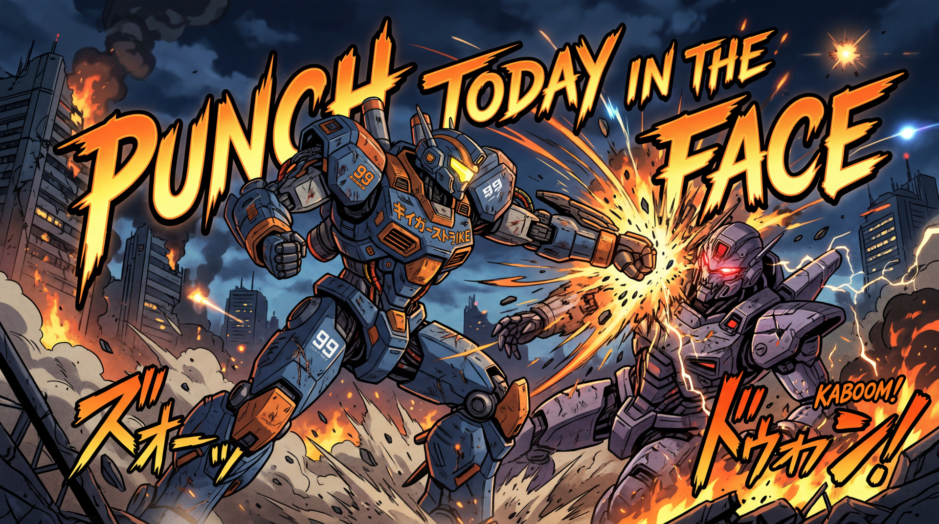 5K Ultra HD PC desktop wallpaper of two armored mechs trading a fiery blow, comic-style explosions and the bold slogan PUNCH TODAY IN THE FACE across the scene.