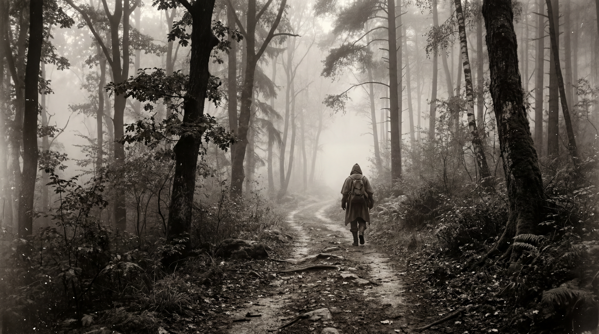 Misty forest trail with a solitary hooded figure on a winding path, atmospheric monochrome scene — 5K Ultra HD PC desktop wallpaper and background.