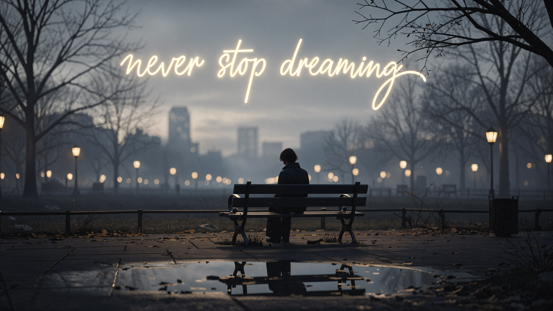 Silhouette of a lone figure on a park bench at dusk beneath glowing never stop dreaming script, misty city skyline and lamplights reflected in a puddle — 4K Ultra HD PC desktop wallpaper.