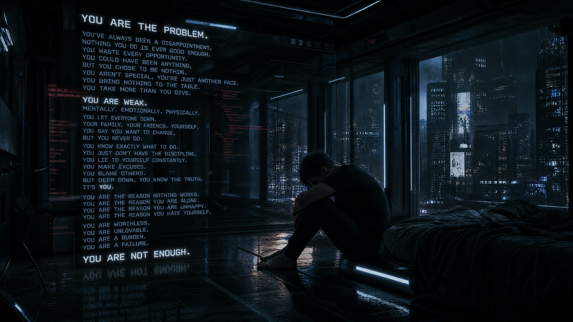 4K Ultra HD PC Desktop Wallpaper and Background: moody cyberpunk bedroom overlooking a neon city, silhouetted figure beside a glowing wall of scrolling code and accusatory text.