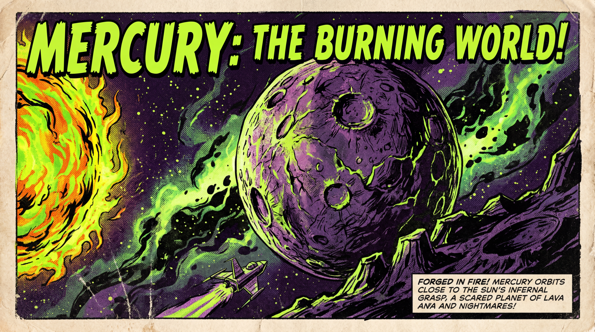5K Ultra HD PC desktop wallpaper and background — comic-style Mercury (Planet), The Burning World: cracked purple-green surface beside a fiery sun and neon space debris.