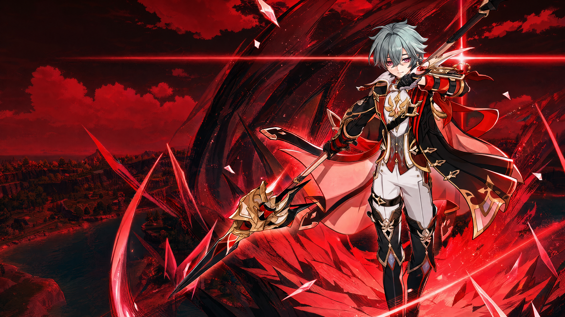 Lohen (Genshin Impact) wielding a red polearm amid swirling crimson energy, 4K Ultra HD PC desktop wallpaper and background