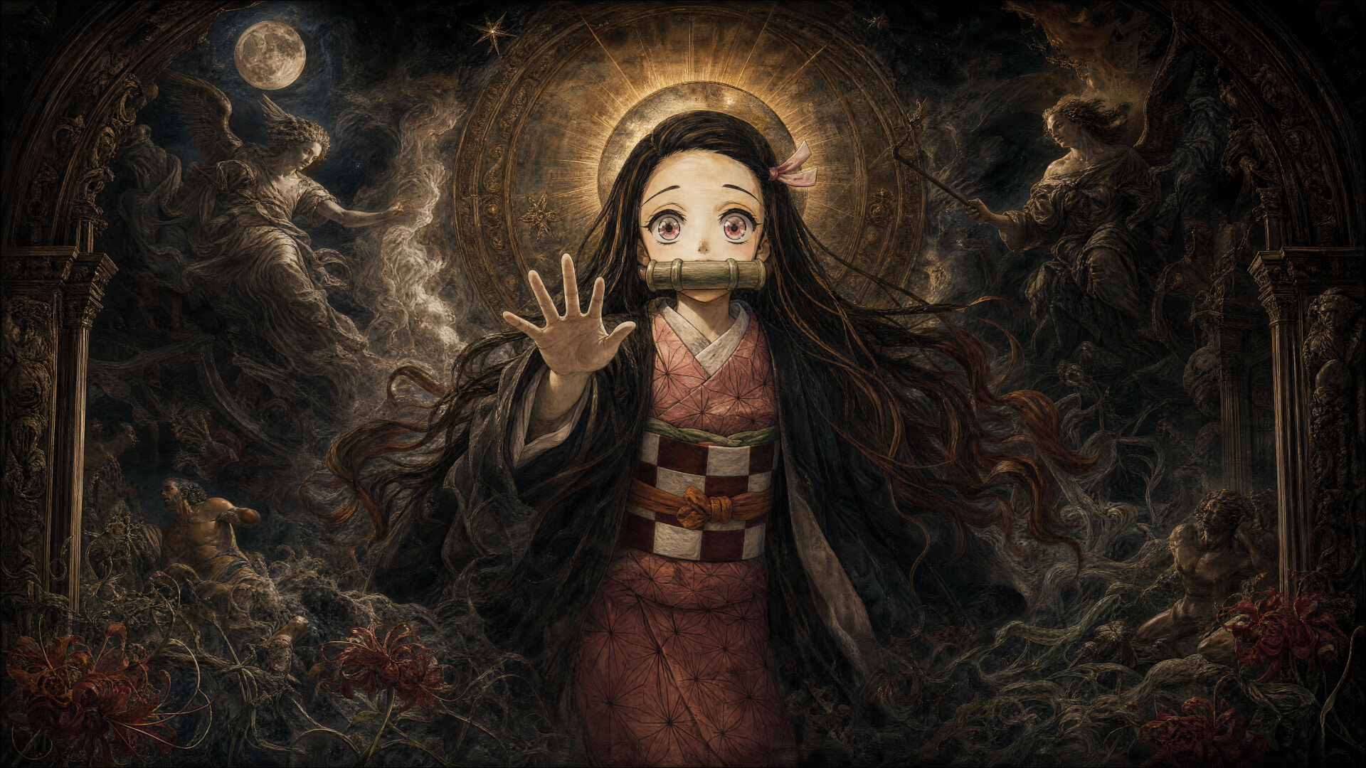 Nezuko Kamado reaching out with bamboo muzzle, flowing hair and kimono against a moonlit, ornate dark backdrop — 4K Ultra HD PC desktop wallpaper and background.