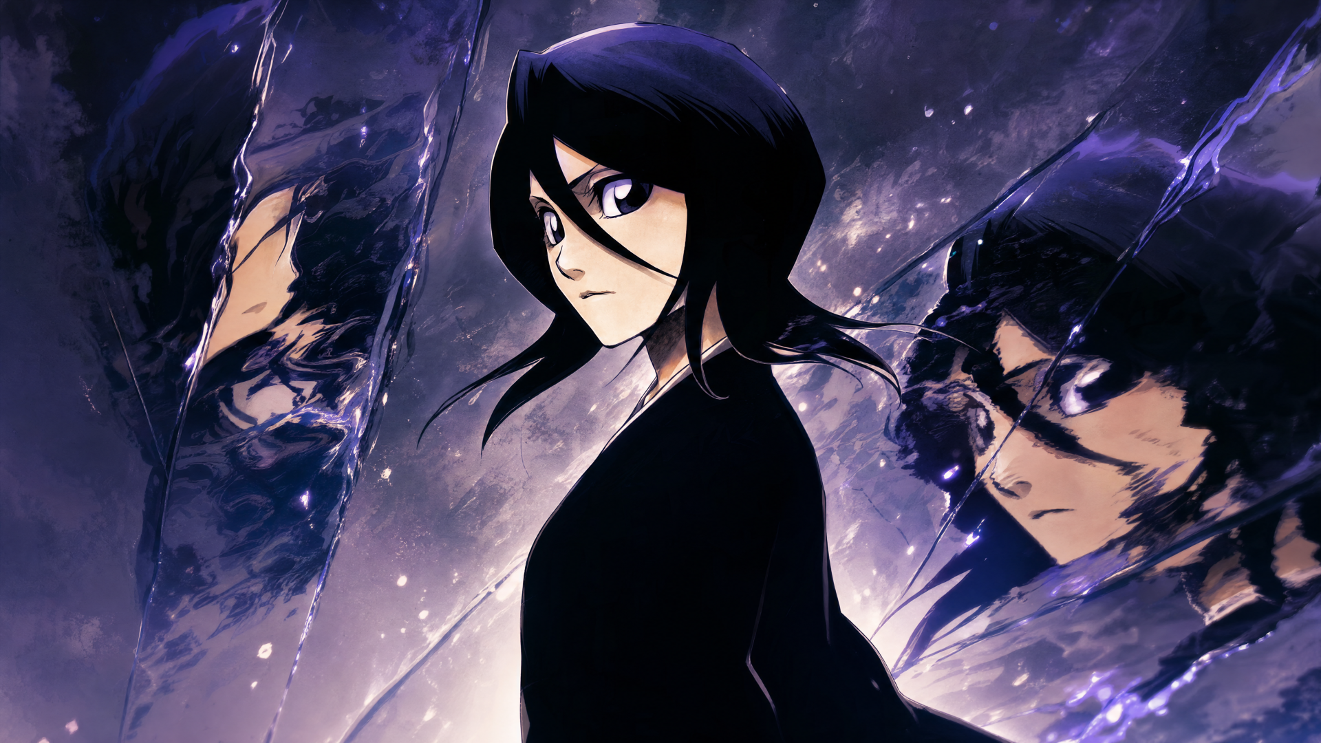 Rukia Kuchiki anime portrait with three mirrored profiles against a purple-blue cosmic backdrop — 4K Ultra HD PC desktop wallpaper and background.