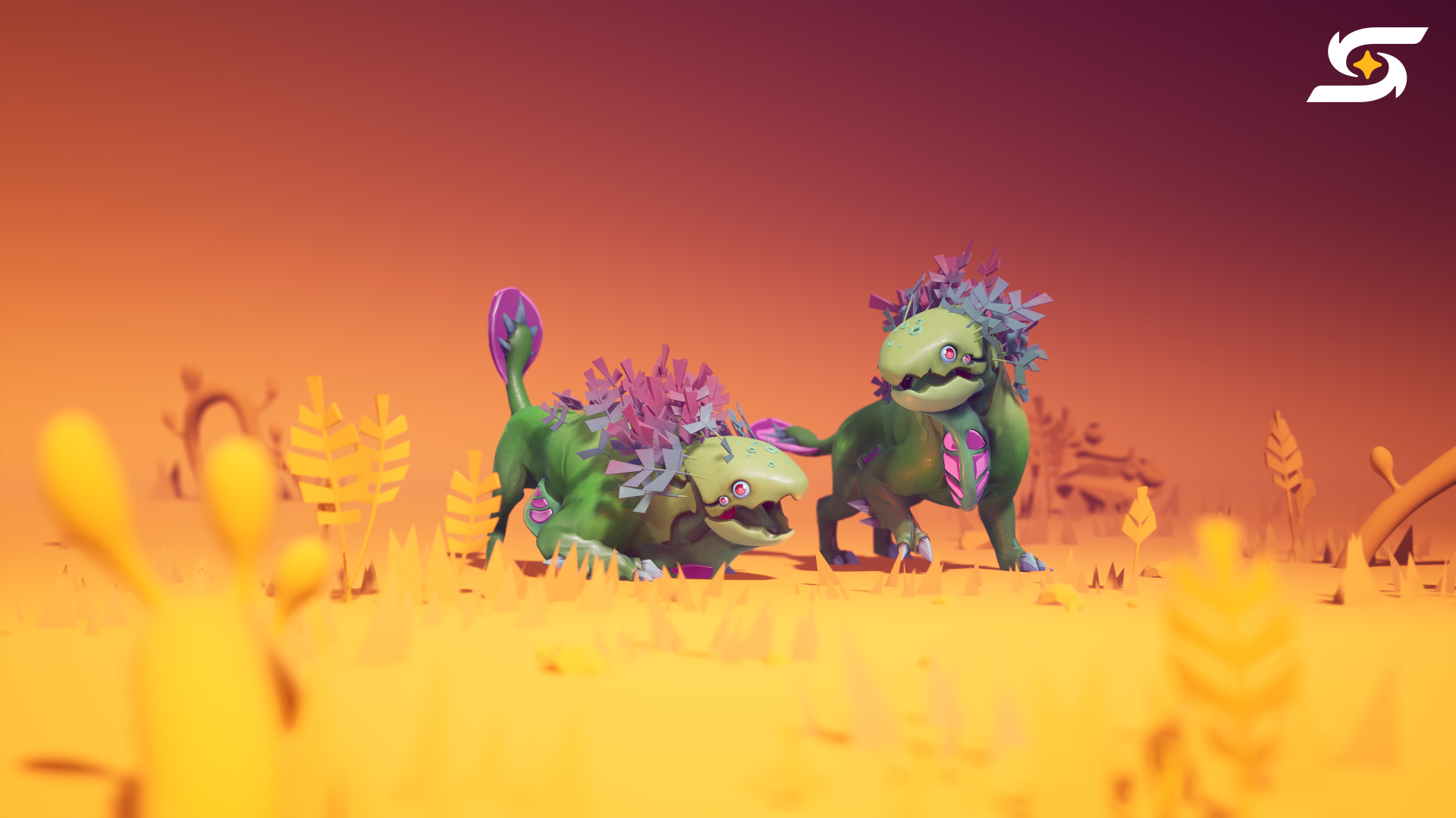 4K Ultra HD PC wallpaper/background from the video game Starseeker: Astroneer Expeditions showing two colorful, plant-covered alien creatures roaming an orange, otherworldly field.