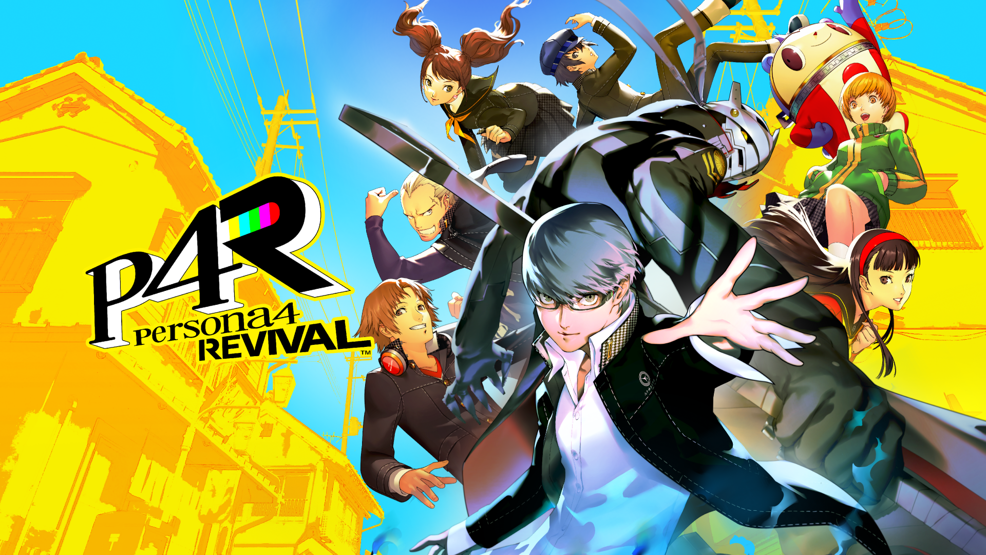 Vibrant 4K Ultra HD PC wallpaper of the video game Persona 4 Revival (P4R): protagonist and friends in dynamic poses with a stylized city backdrop.