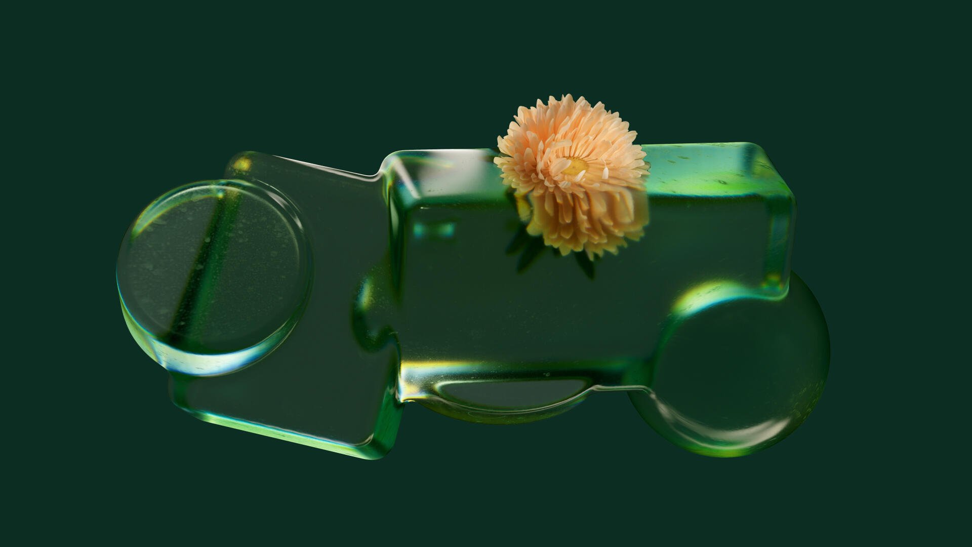Microsoft Opaline 4K Ultra HD PC desktop wallpaper and background: translucent green glass toy car topped with a pale orange pompom flower against a deep green field.
