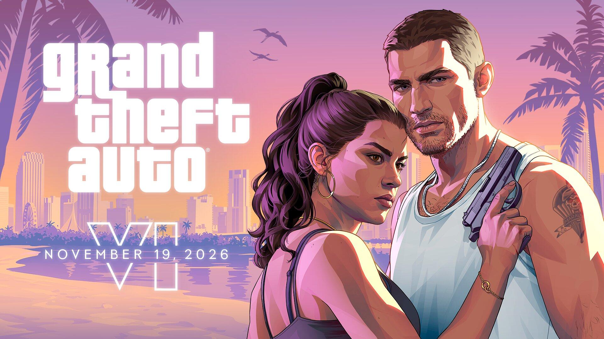 HD PC desktop wallpaper for the video game Grand Theft Auto VI: two characters embrace on a neon sunset beach with palms, city skyline and the GTA VI logo (November 19, 2026).