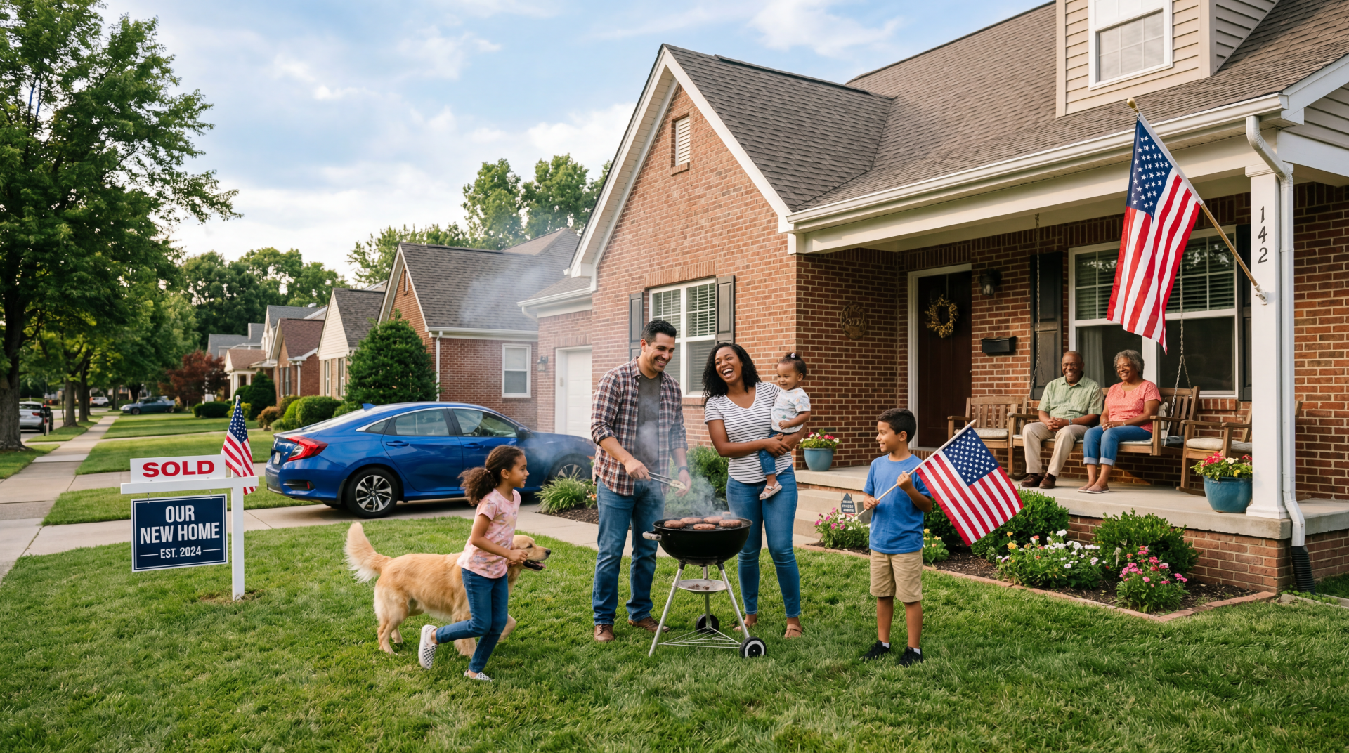 The American Dream — 5K Ultra HD PC Desktop Wallpaper and Background: multigenerational family grilling on a suburban lawn, kids waving American flags, 'Sold' sign and neighbors on porch.